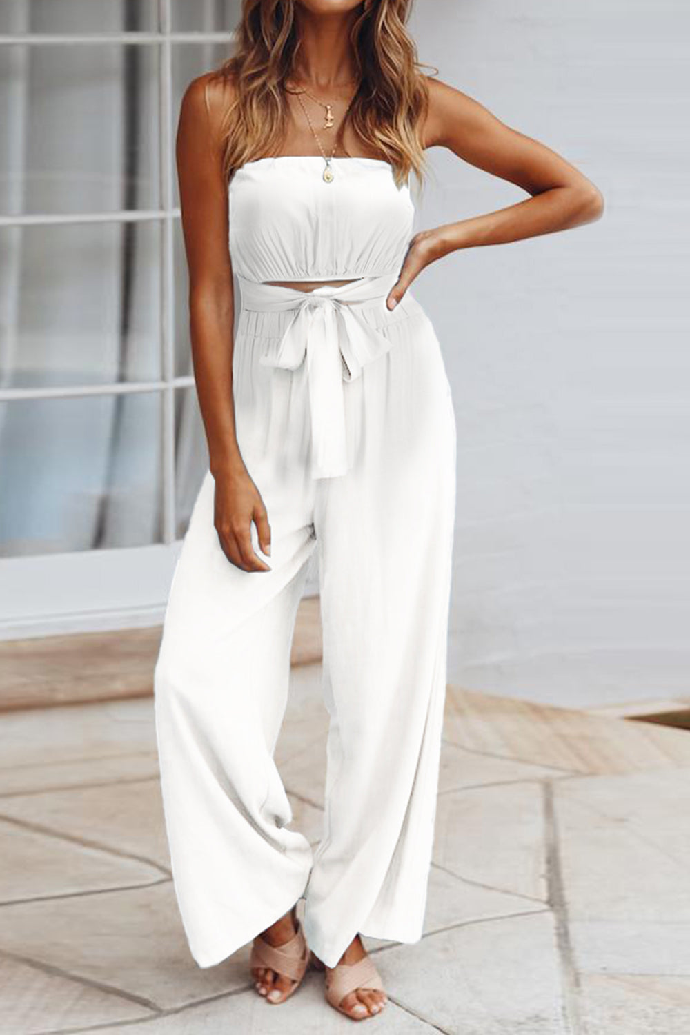 Tied Cutout Tube Wide Leg Jumpsuit-[Adult]-[Female]-White-S-2022 Online Blue Zone Planet