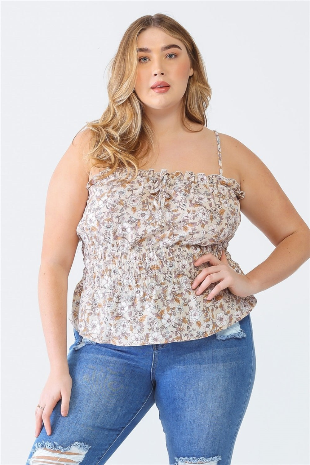 Blue Zone Planet | Zenobia Plus Size Frill Floral Square Neck Cami-TOPS / DRESSES-[Adult]-[Female]-Taupe-1XL-2022 Online Blue Zone Planet