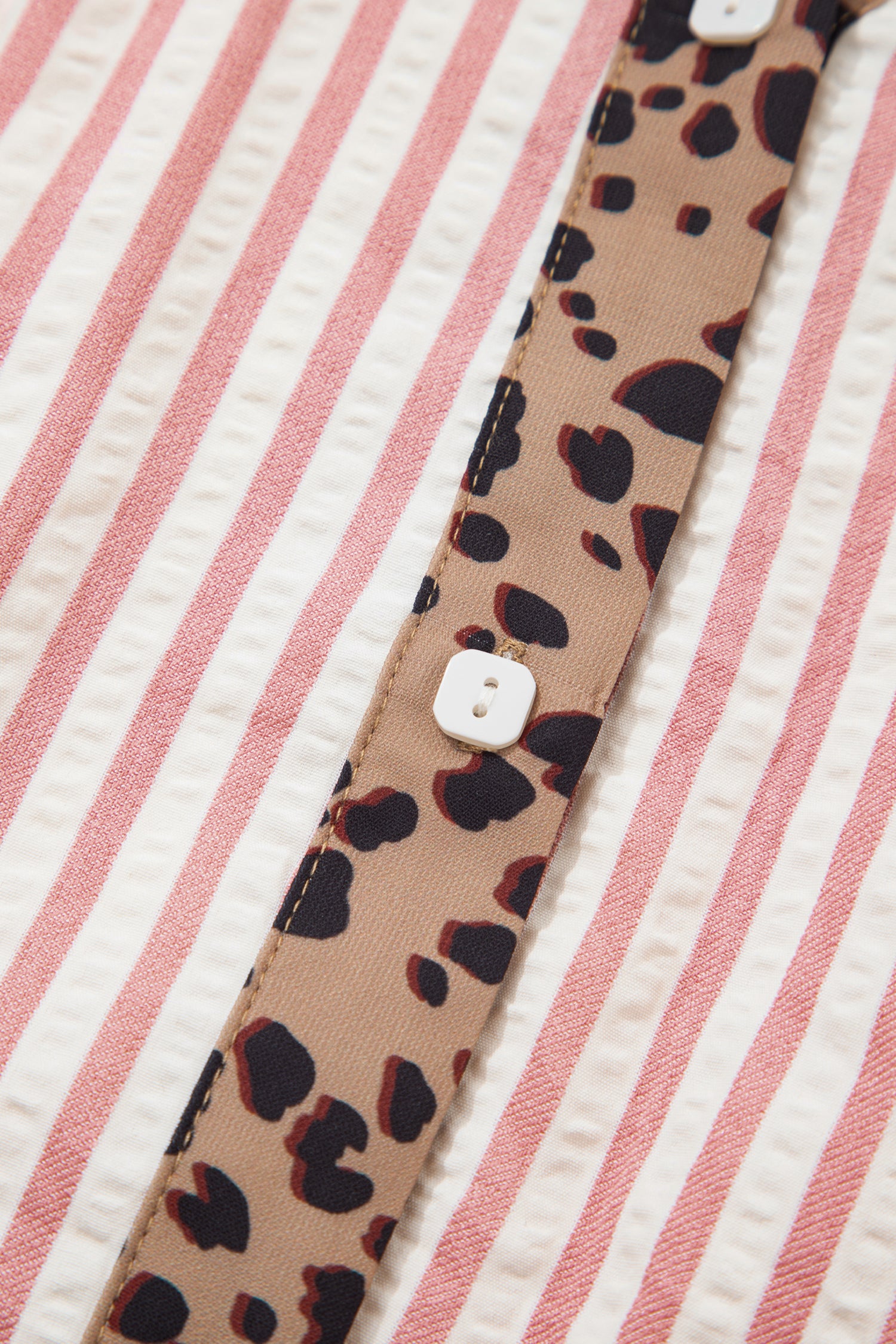 Pink Stripe Square Button Leopard Trim Loose Bracelet Sleeve Shirt Dress-Bracelet-[Adult]-[Female]-2022 Online Blue Zone Planet