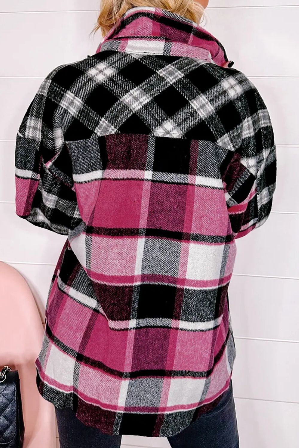 Pocketed Plaid Collared Neck Long Sleeve Shacket-TOPS / DRESSES-[Adult]-[Female]-2022 Online Blue Zone Planet