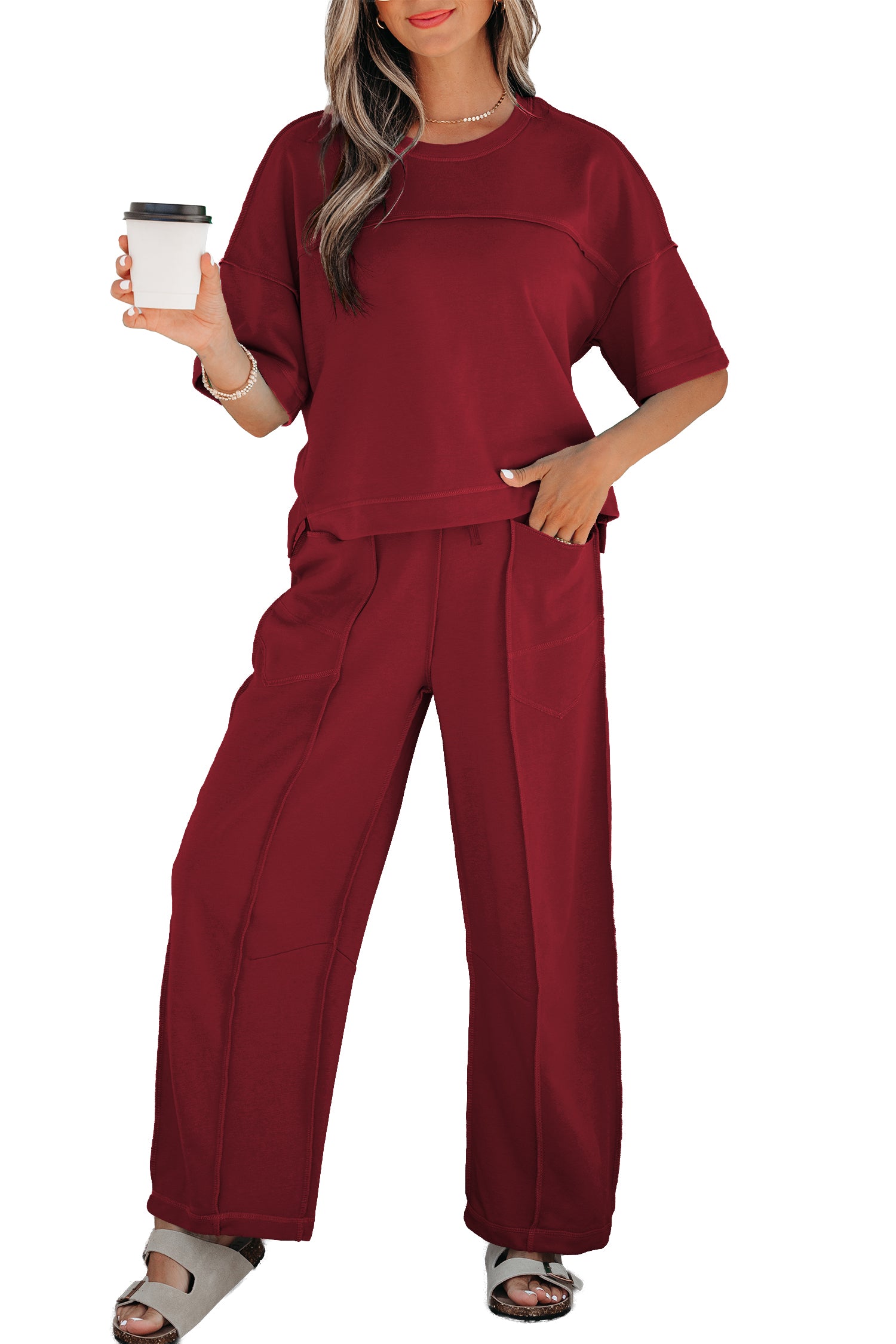 Racing Red Drop Shoulder Boxy Tee and Barrel Pants Set-Two Piece Sets/Pant Sets-[Adult]-[Female]-2022 Online Blue Zone Planet