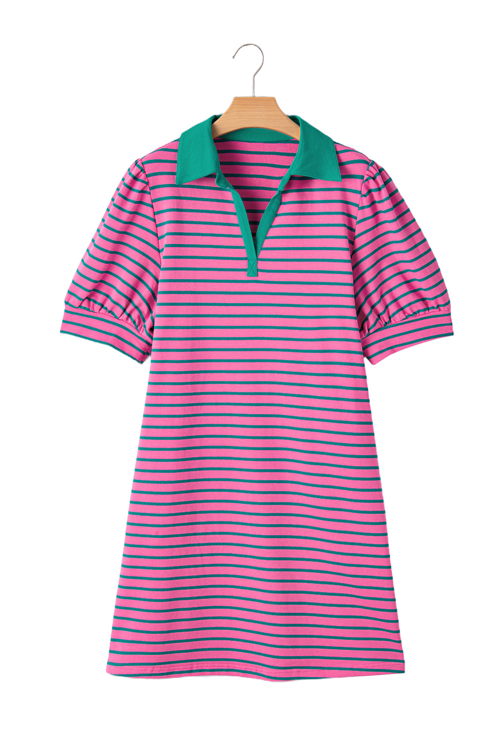 Rose Stripe Collared V Neck Puff Sleeve Shift T Shirt Dress With Pockets-TOPS / DRESSES-[Adult]-[Female]-2022 Online Blue Zone Planet