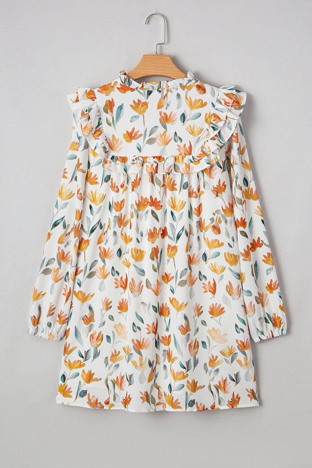 Yellow Floral Print Tie Neck Frilled Detail Long Sleeve Mini Dress-TOPS / DRESSES-[Adult]-[Female]-2022 Online Blue Zone Planet