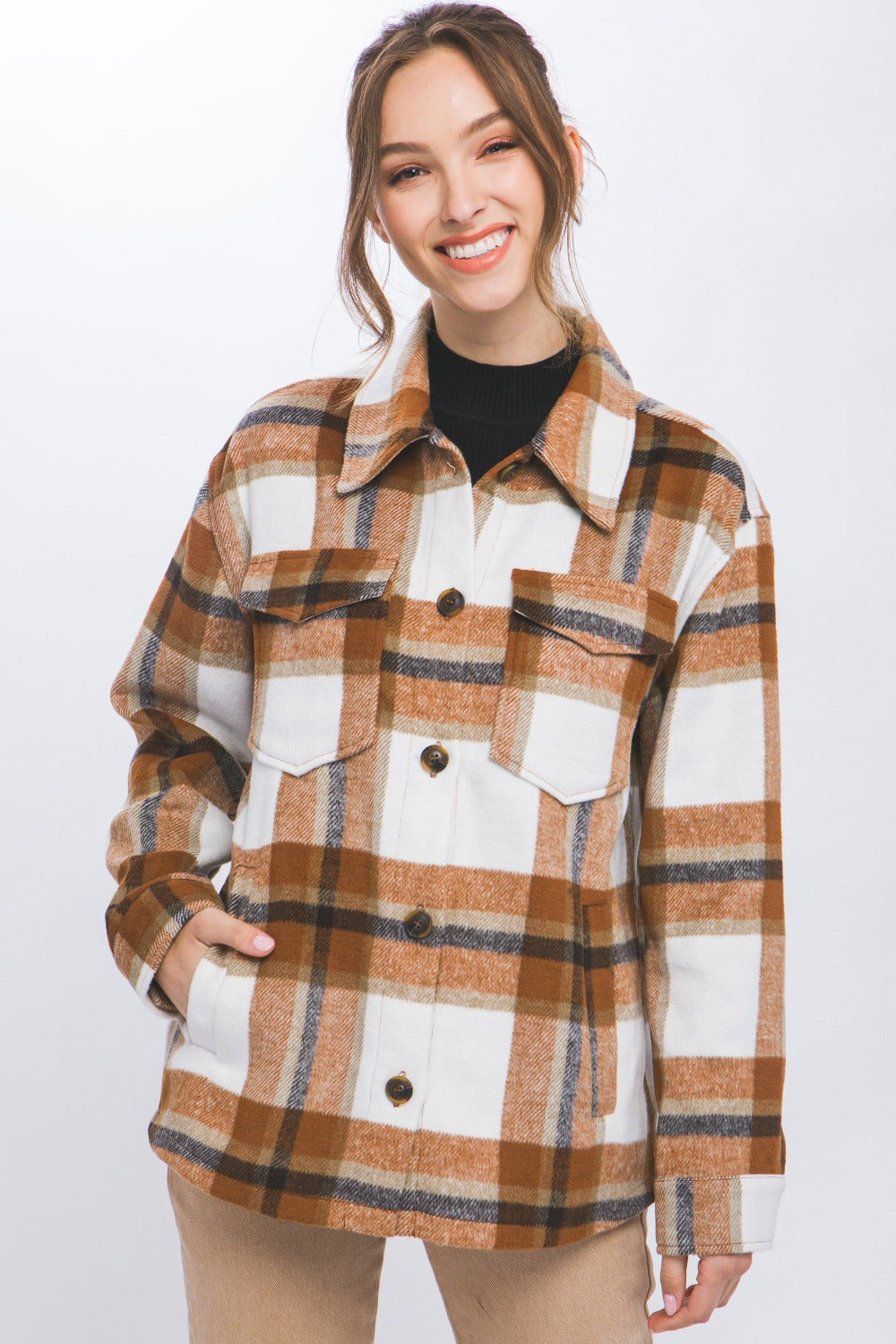 Love Tree Plaid Button Up Shacket-TOPS / DRESSES-[Adult]-[Female]-Clay-S-2022 Online Blue Zone Planet