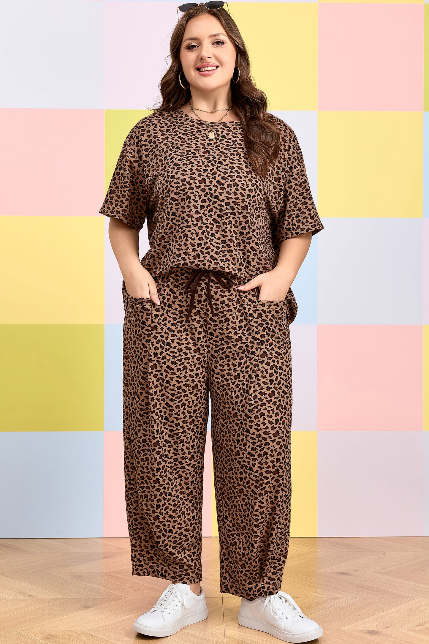 Brown Plus Size Leopard Loose Top Pleated Pants Set-Plus Size/Plus Size Loungewear-[Adult]-[Female]-2022 Online Blue Zone Planet
