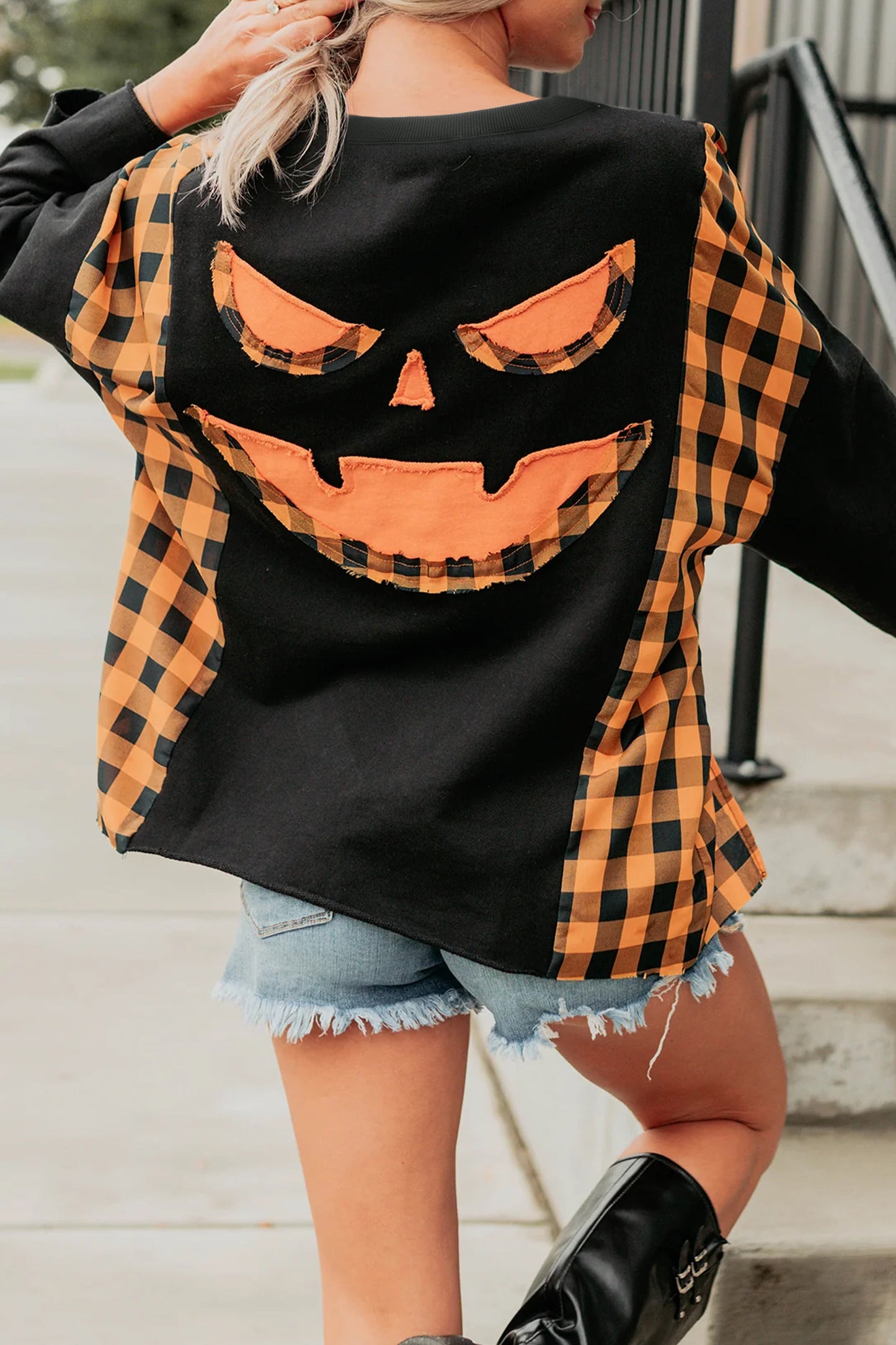 Black Patchwork Plaid Pumpkin Face Long Sleeve Top-Tops/Long Sleeve Tops-[Adult]-[Female]-2022 Online Blue Zone Planet