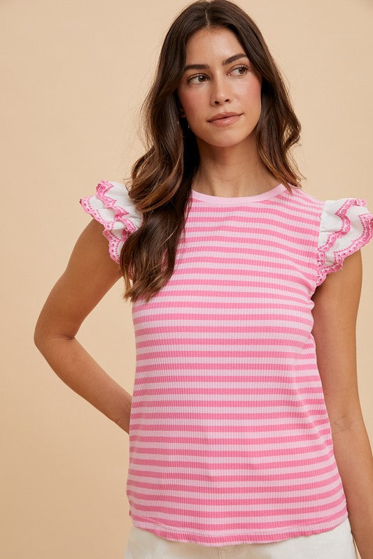 Annie Wear Ruffled Striped Round Neck Cap Sleeve Knit Top-TOPS / DRESSES-[Adult]-[Female]-Pink-S-2022 Online Blue Zone Planet