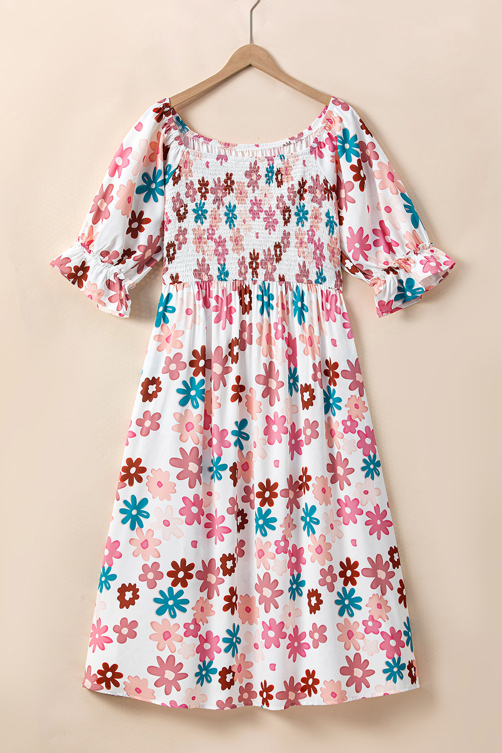 White Plus Size Flower Print Smocked Off Shoulder Dress-TOPS / DRESSES-[Adult]-[Female]-2022 Online Blue Zone Planet