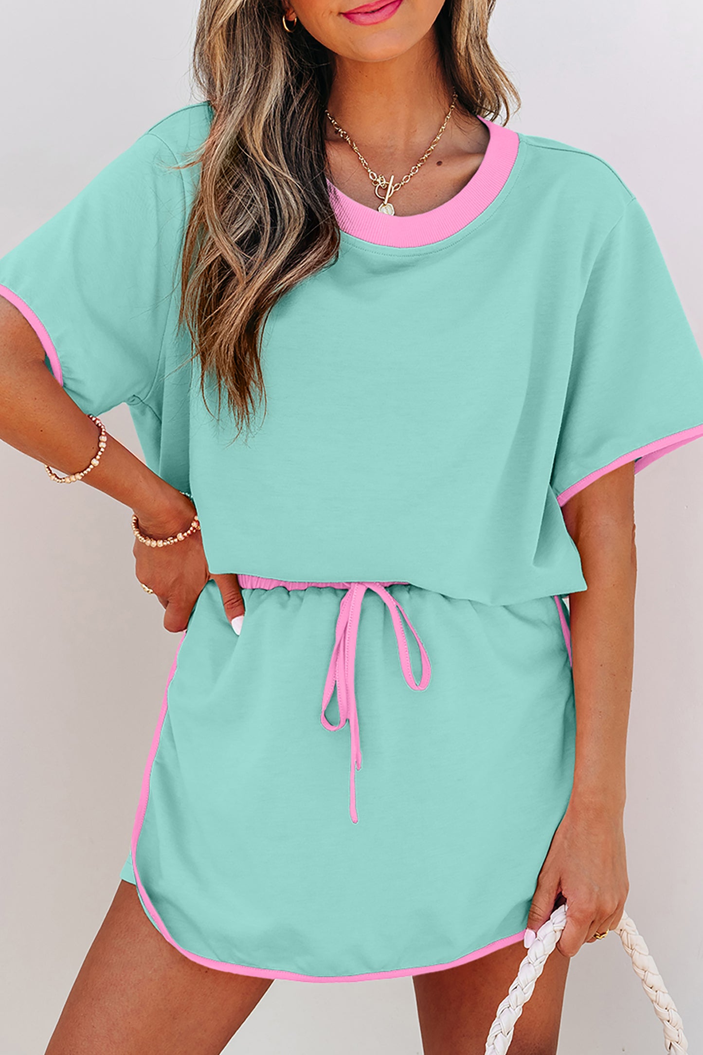 Apricot Colorblock Edge Drop Shoulder T Shirt and Skort 2Pcs Set-Two Piece Sets/Two Piece Dresses-[Adult]-[Female]-Moonlight Jade-S-2022 Online Blue Zone Planet