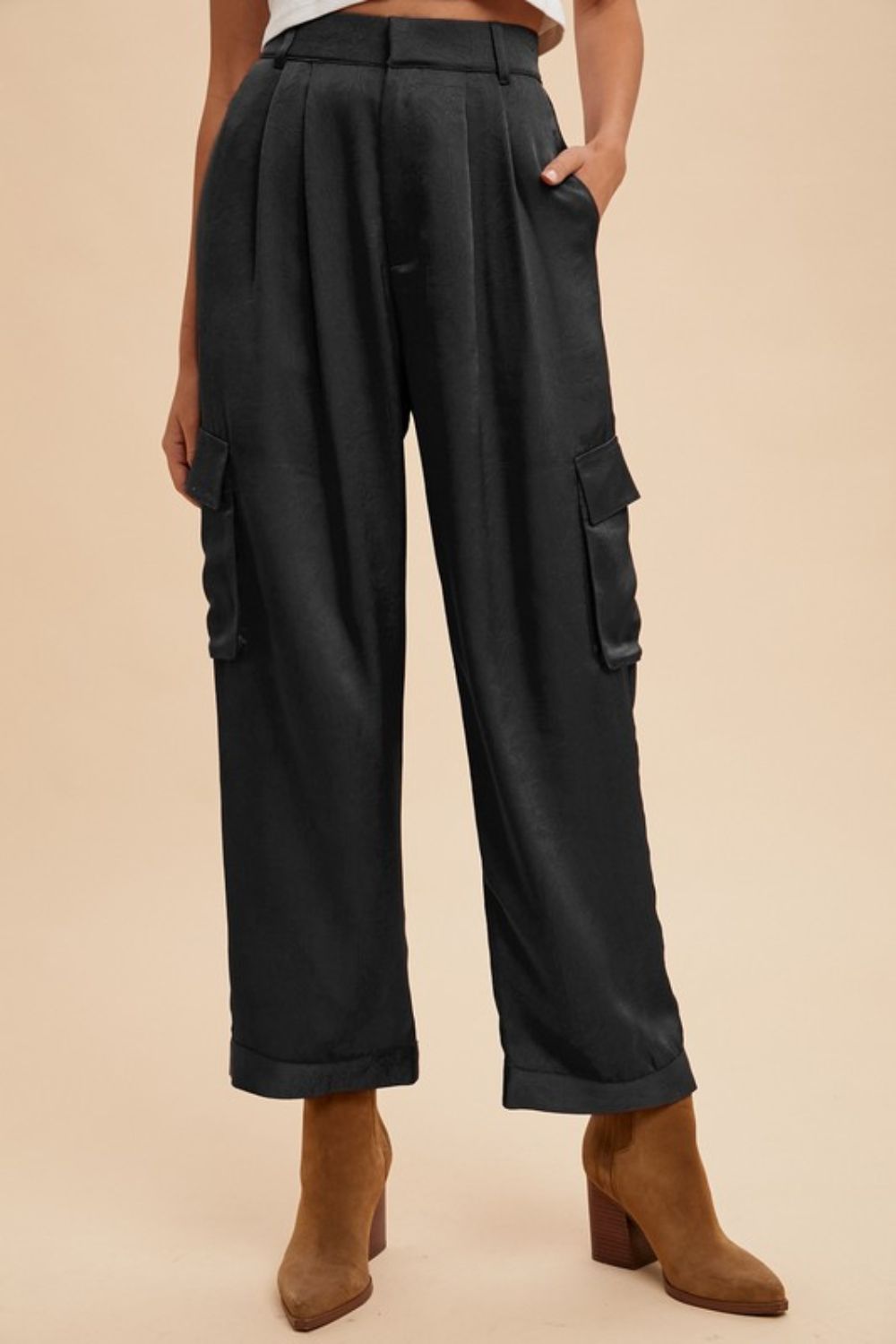 Annie Wear Wide Leg Cargo Satin Pants-BOTTOM SIZES SMALL MEDIUM LARGE-[Adult]-[Female]-Black-S-2022 Online Blue Zone Planet