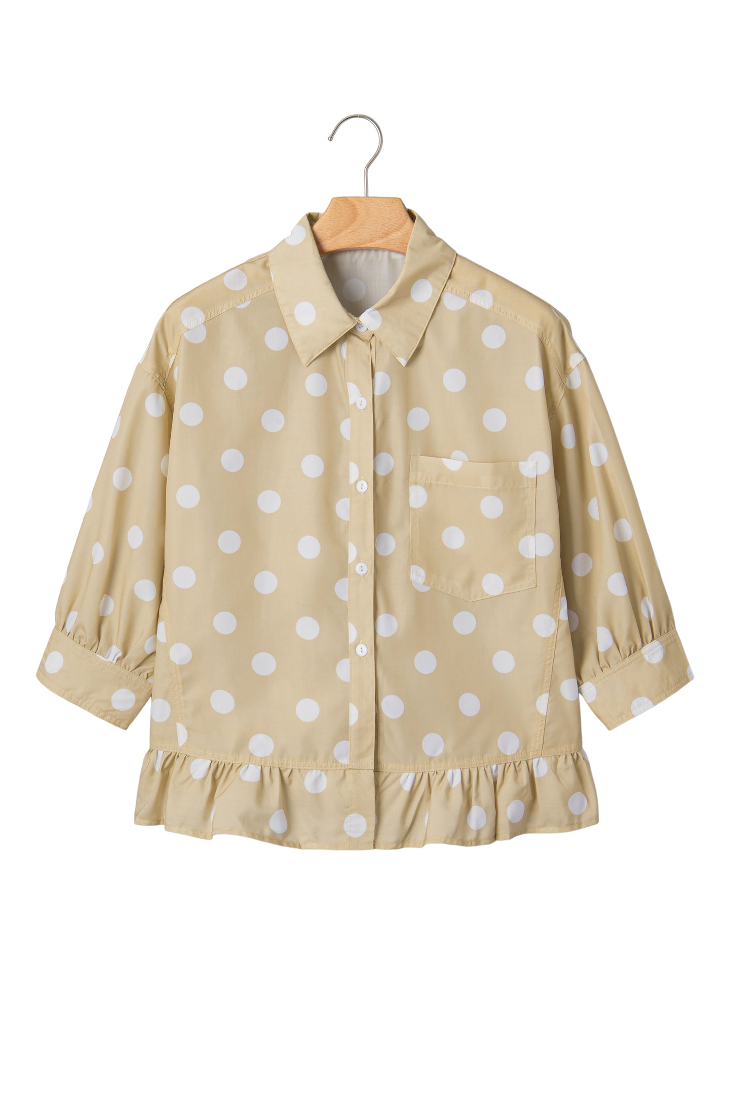 Khaki Polka Dot Print Three Quarter Sleeve Ruffle Hem Casual Shirt