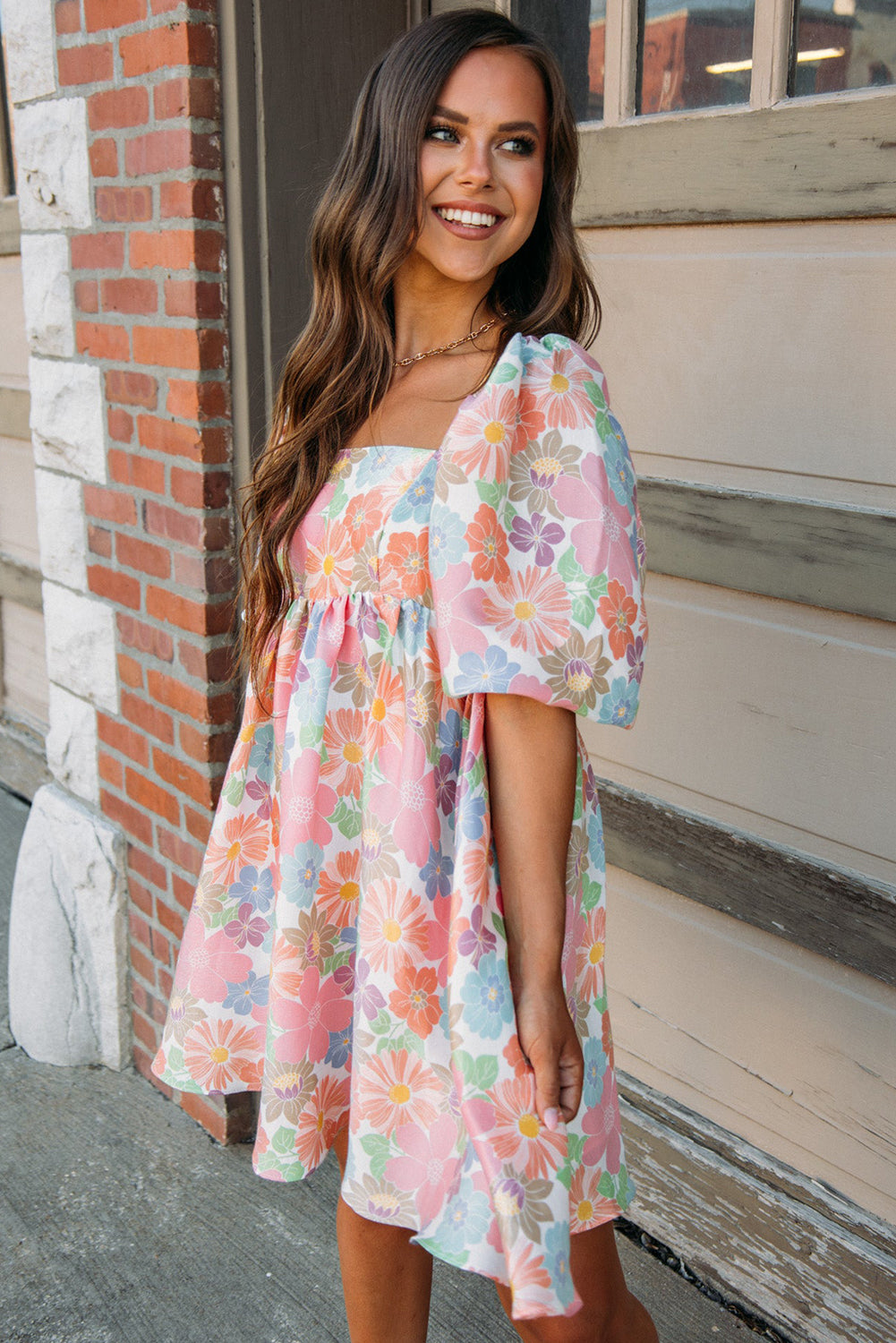 Blue Zone Planet |  Pink Summer Floral Square Neck Puff Sleeve Babydoll Dress Blue Zone Planet