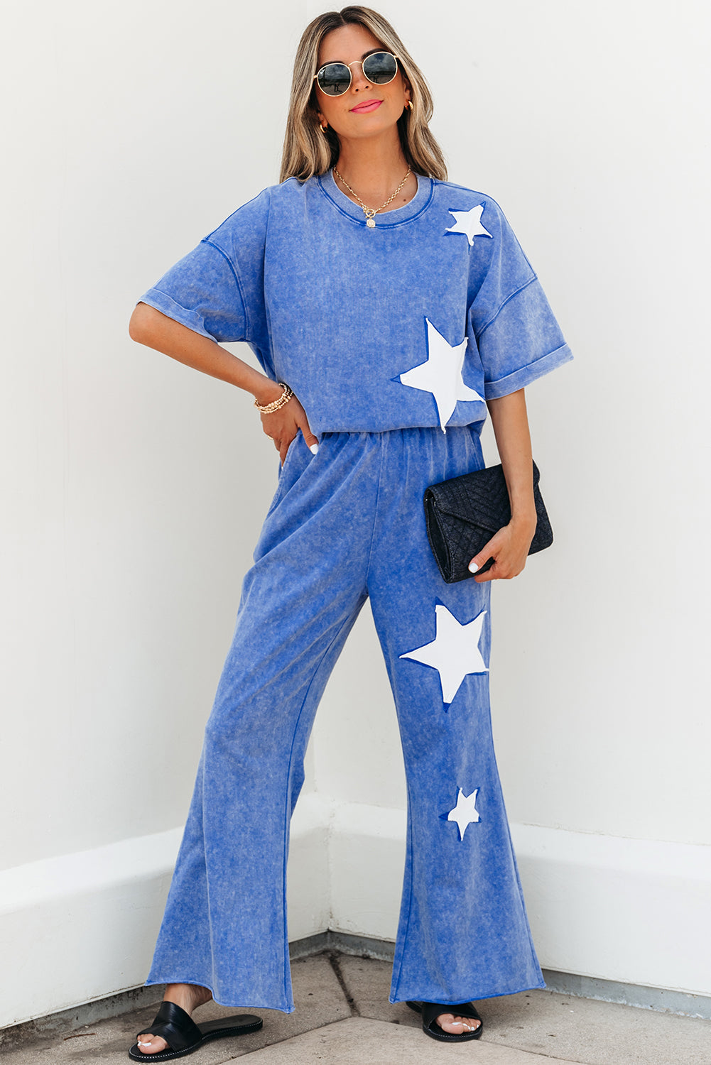 Ashleigh Blue Acid Wash Star Patched Rolled Trim Pants Set-Two Piece Sets/Pant Sets-[Adult]-[Female]-2022 Online Blue Zone Planet