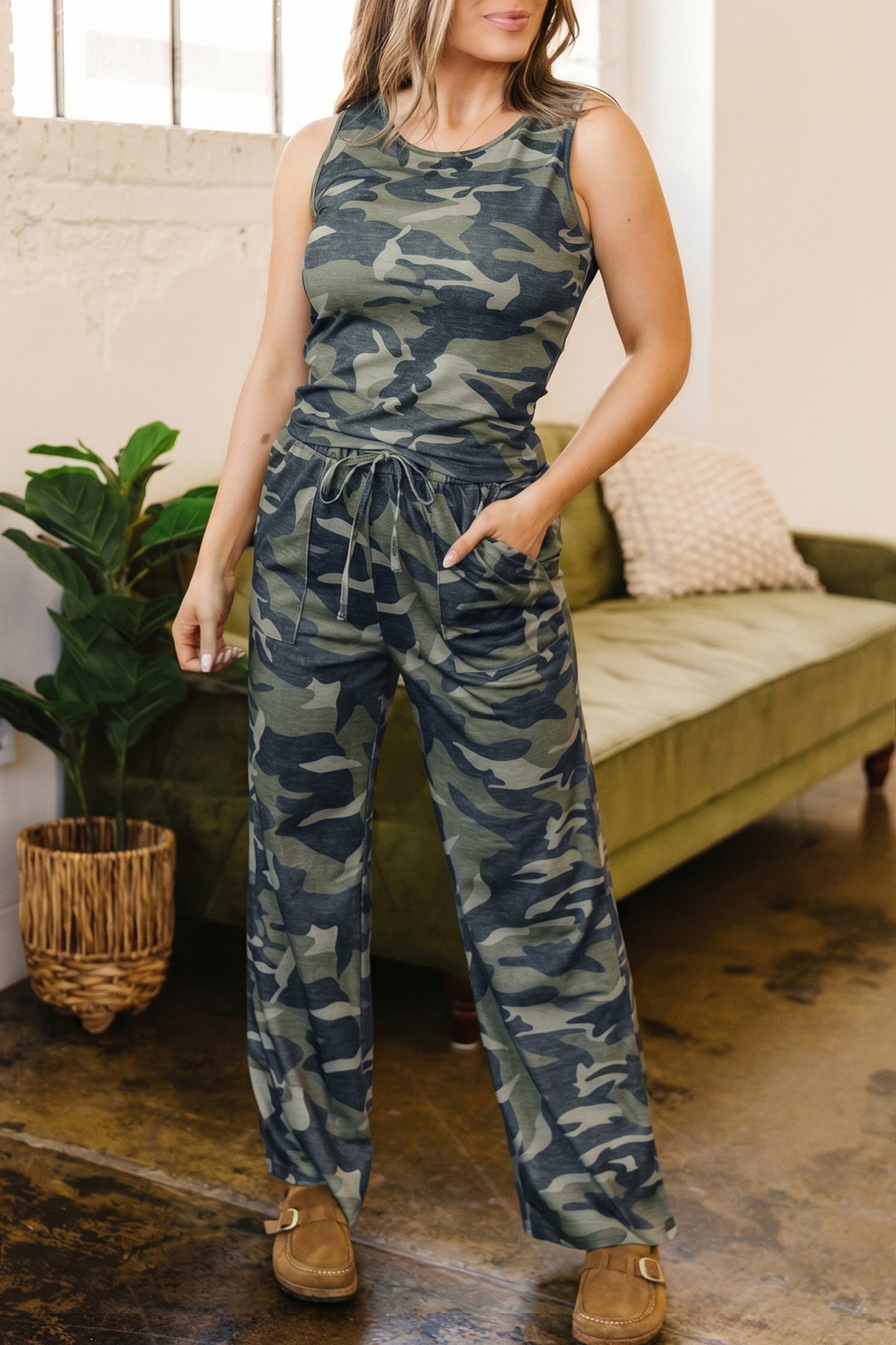 Green Camouflage Print Slim Tank Drawstring Pant Set-Two Piece Sets/Pant Sets-[Adult]-[Female]-2022 Online Blue Zone Planet
