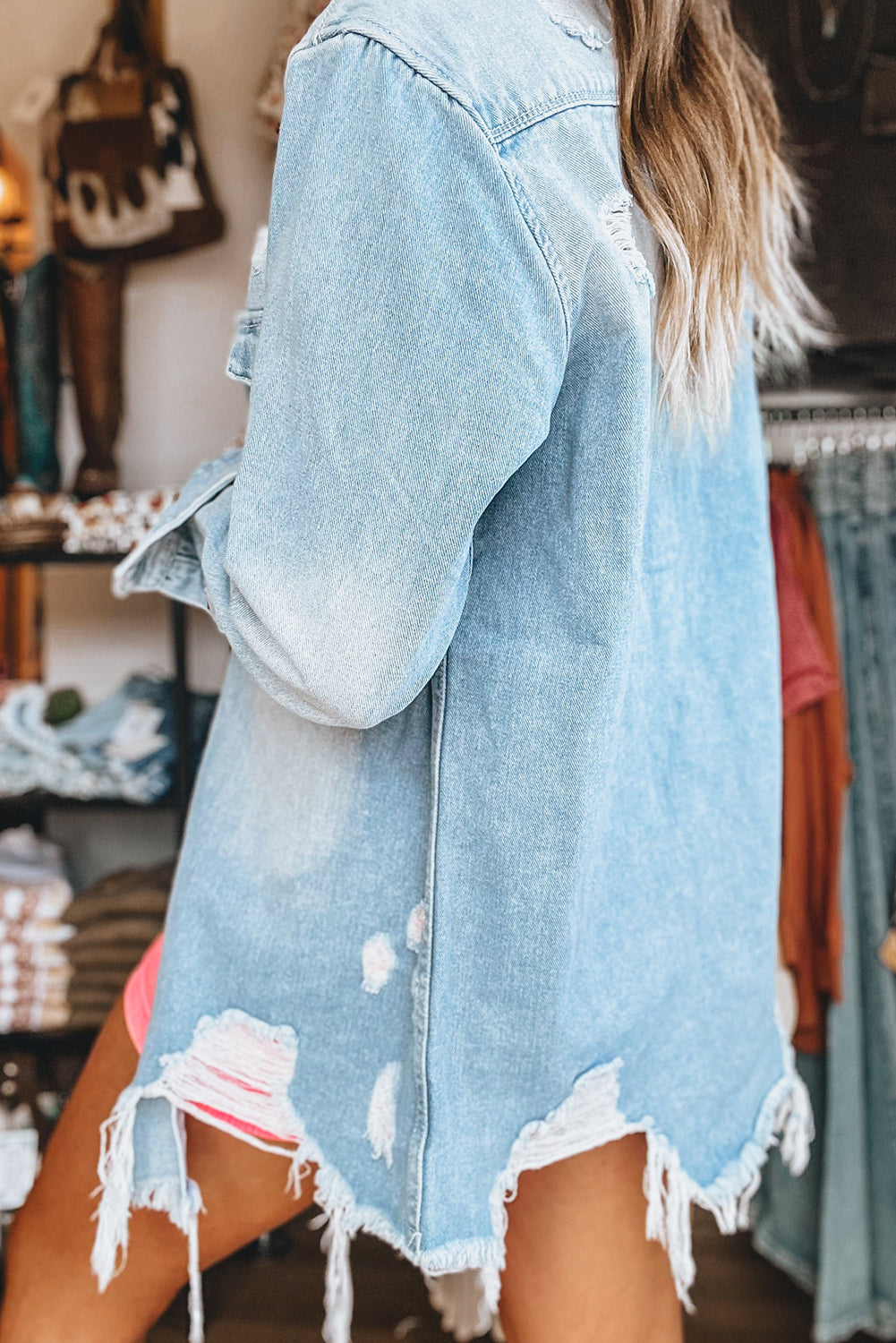 Blue Zone Planet | Sky Blue Light Wash Distressed Frayed Long Denim Jacket-Outerwear/Denim jackets-[Adult]-[Female]-2022 Online Blue Zone Planet