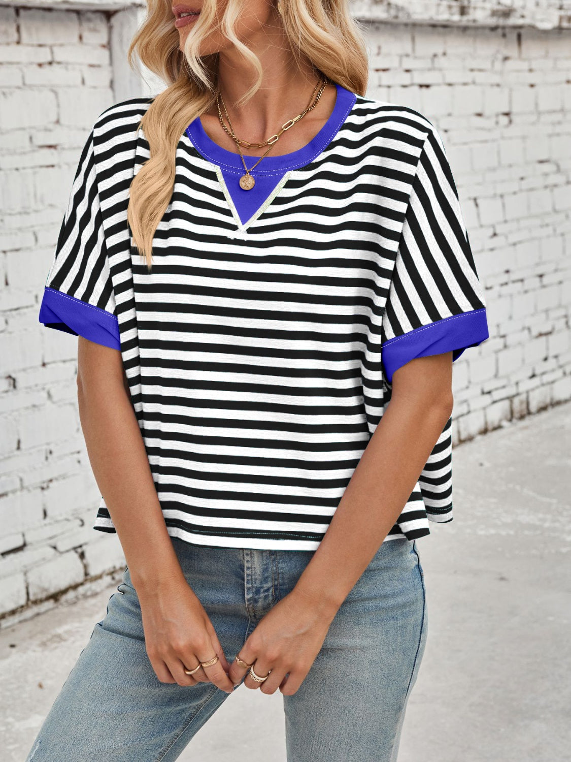 Lovelet Striped Round Neck Short Sleeve T-Shirt-TOPS / DRESSES-[Adult]-[Female]-2022 Online Blue Zone Planet