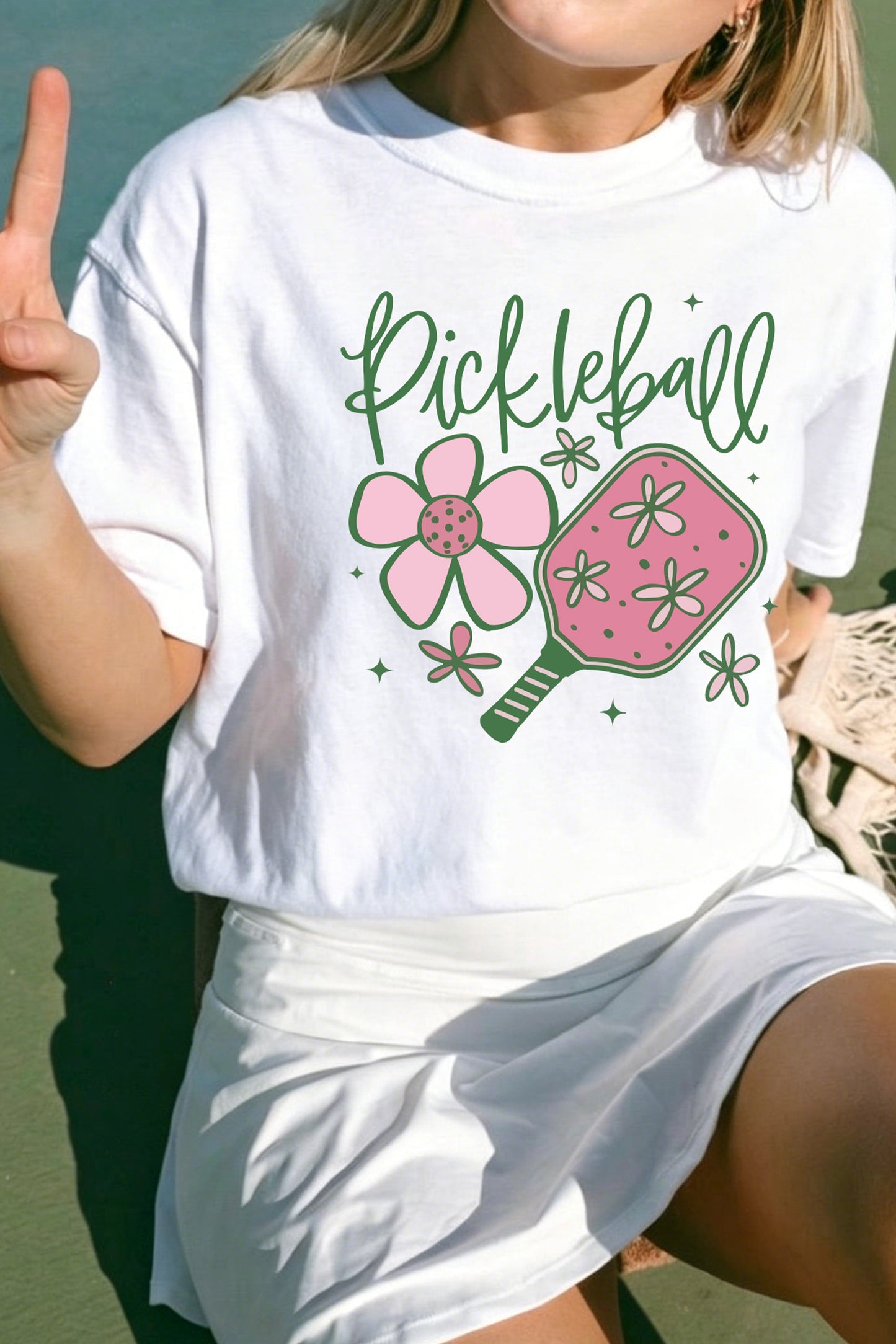 White Pickleball Sweet Flower Printed T Shirt-Graphic/Graphic Tees-[Adult]-[Female]-2022 Online Blue Zone Planet