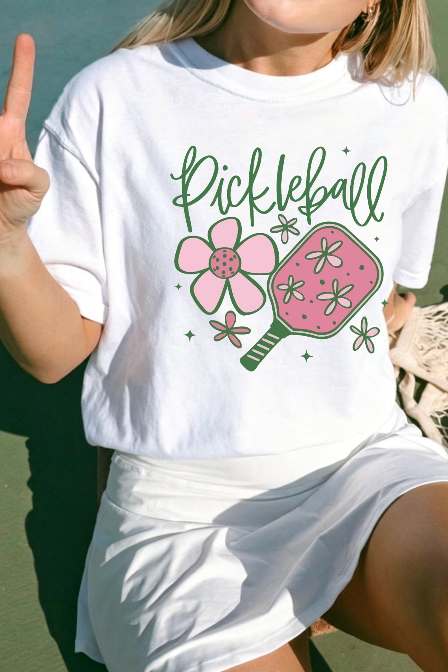 White Pickleball Sweet Flower Printed T Shirt-Graphic/Graphic Tees-[Adult]-[Female]-2022 Online Blue Zone Planet