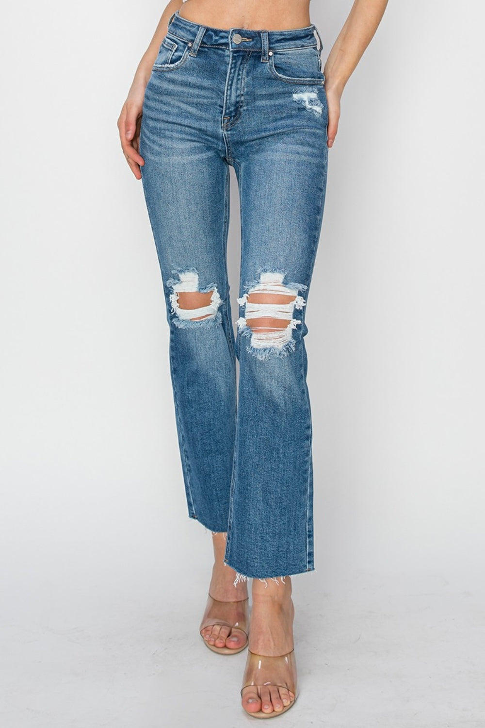 RISEN High Rise Distressed Ankle Jeans-BOTTOMS SIZES SMALL MEDIUM LARGE-[Adult]-[Female]-2022 Online Blue Zone Planet