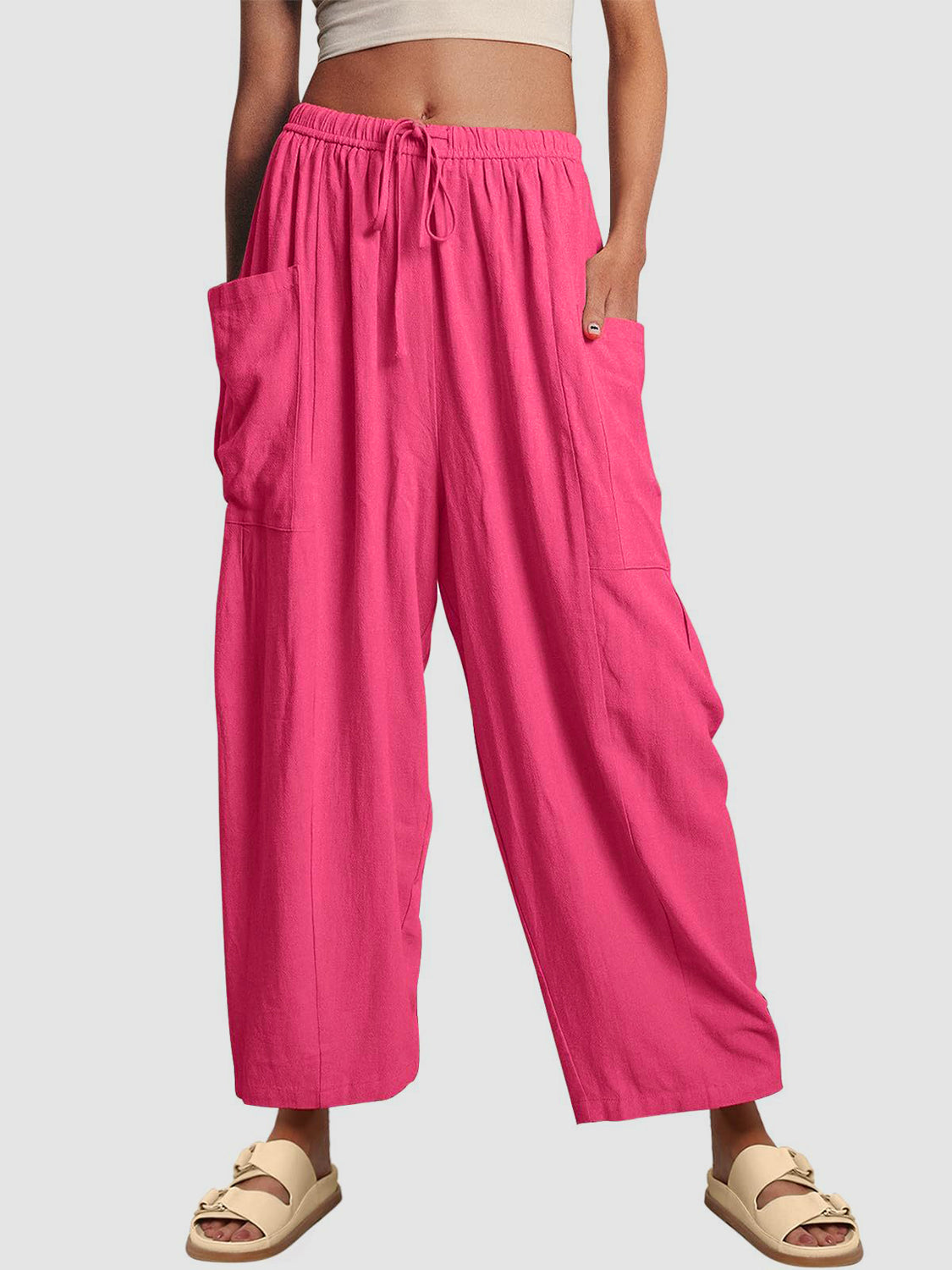 Full Size Wide Leg Pants with Pockets-BOTTOMS SIZES SMALL MEDIUM LARGE-[Adult]-[Female]-Hot Pink-S-2022 Online Blue Zone Planet