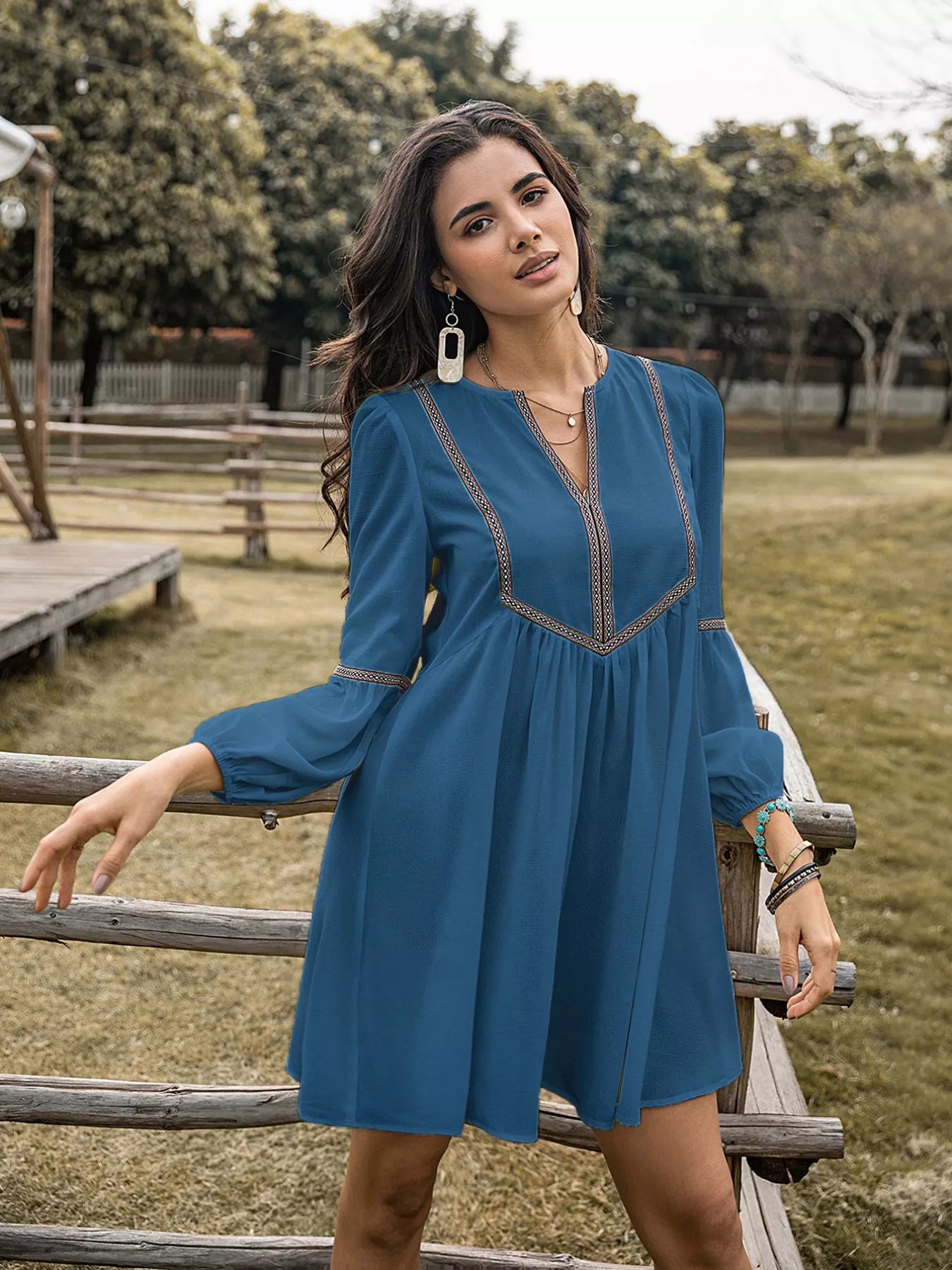 Notched Balloon Sleeve Mini Dress – Blue Zone Planet