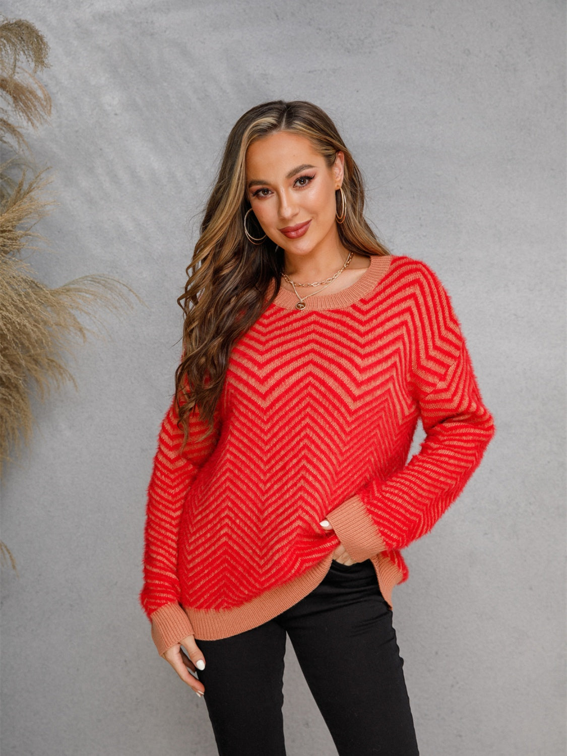 Angel Wings Striped Round Neck Dropped Shoulder Sweater-TOPS / DRESSES-[Adult]-[Female]-2022 Online Blue Zone Planet