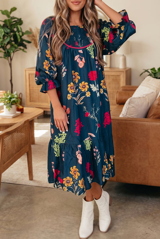 Blue Floral Print Gathered Neckline 7/8 Sleeve Casual Midi Dress-Dresses/Floral Dresses-[Adult]-[Female]-Blue-S-2022 Online Blue Zone Planet