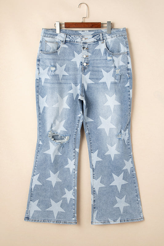 Sky Blue Star Printed Multi Buttons Slit Knee Destroyed Plus Size Jeans-Plus Size/Plus Size Bottoms-[Adult]-[Female]-2022 Online Blue Zone Planet
