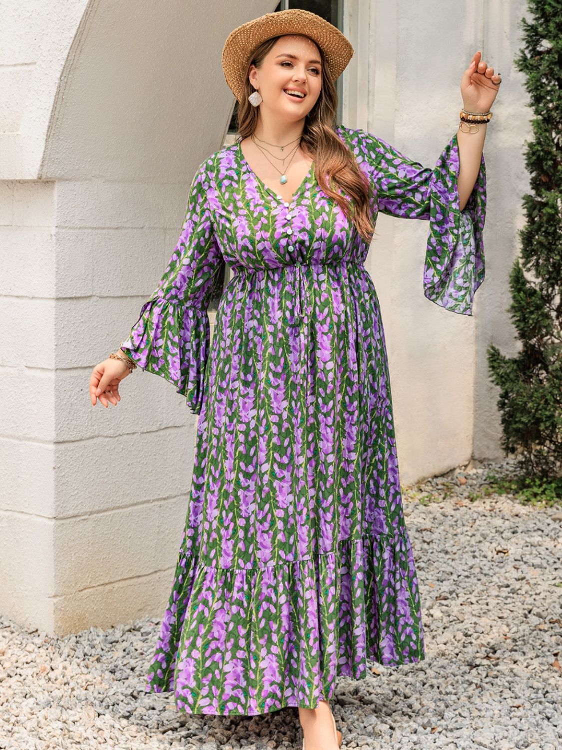 Blue Zone Planet | Plus Size Printed V-Neck Long Sleeve Maxi Dress-TOPS / DRESSES-[Adult]-[Female]-2022 Online Blue Zone Planet