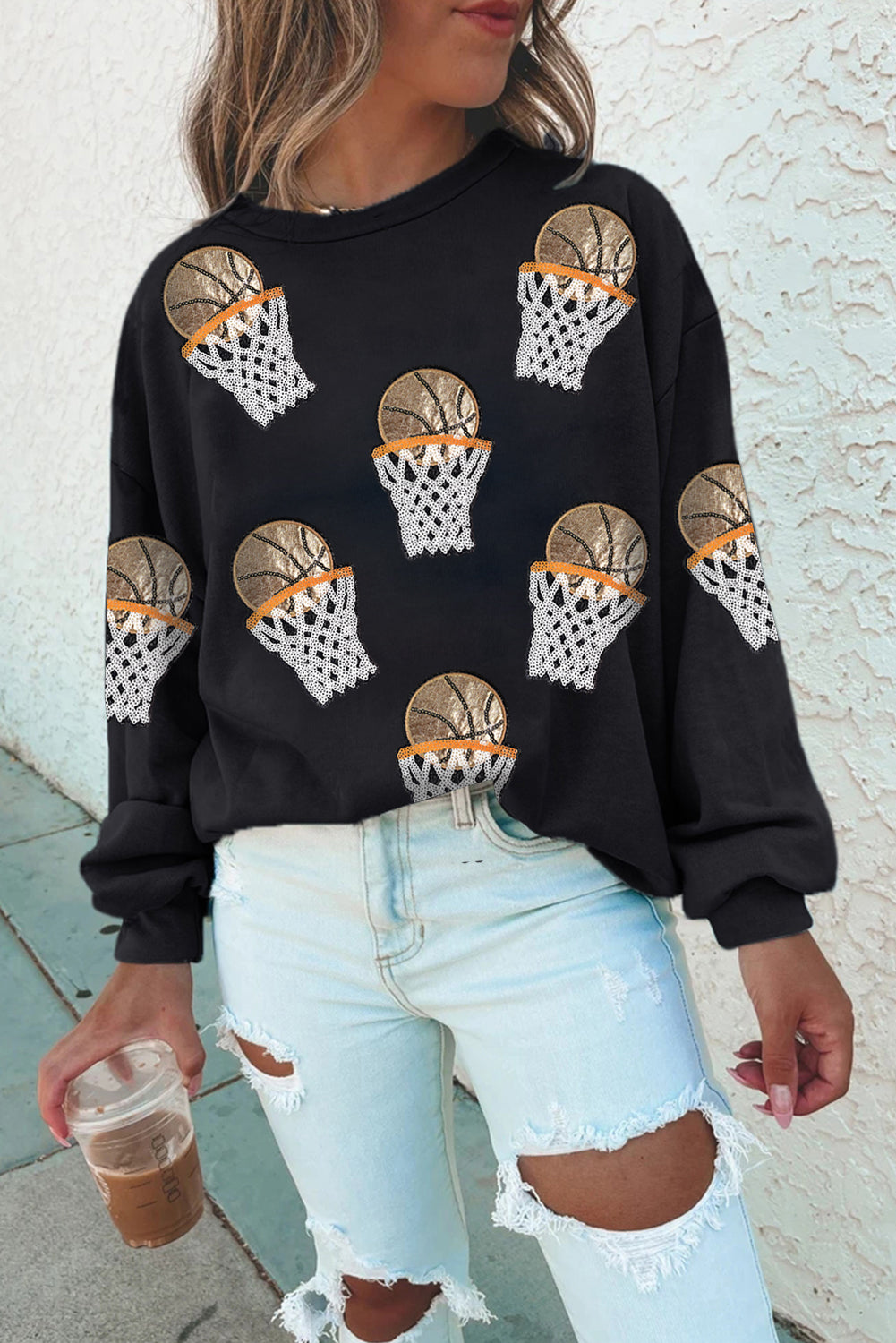 Black Basketball Patched Game Day Crew Neck Graphic Sweatshirt-Graphic/Graphic Sweatshirts-[Adult]-[Female]-Black-S-2022 Online Blue Zone Planet