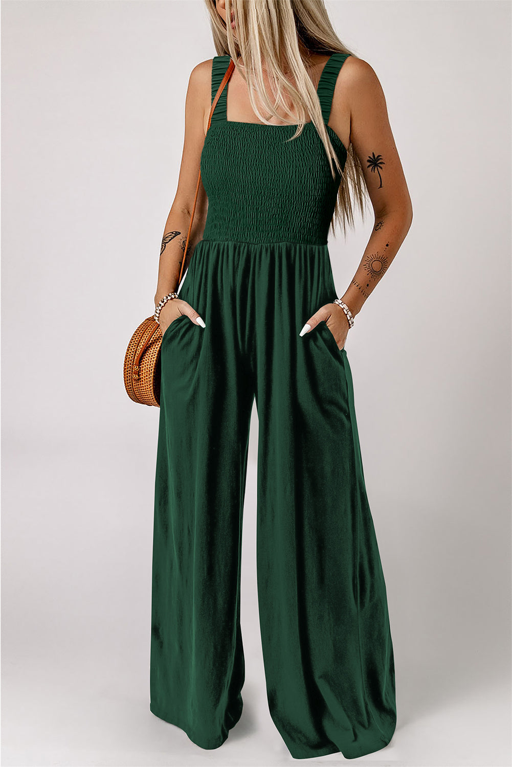Ginger Smocked Sleeveless Wide Leg Jumpsuit with Pockets-Bottoms/Jumpsuits & Rompers-[Adult]-[Female]-Green-S-2022 Online Blue Zone Planet