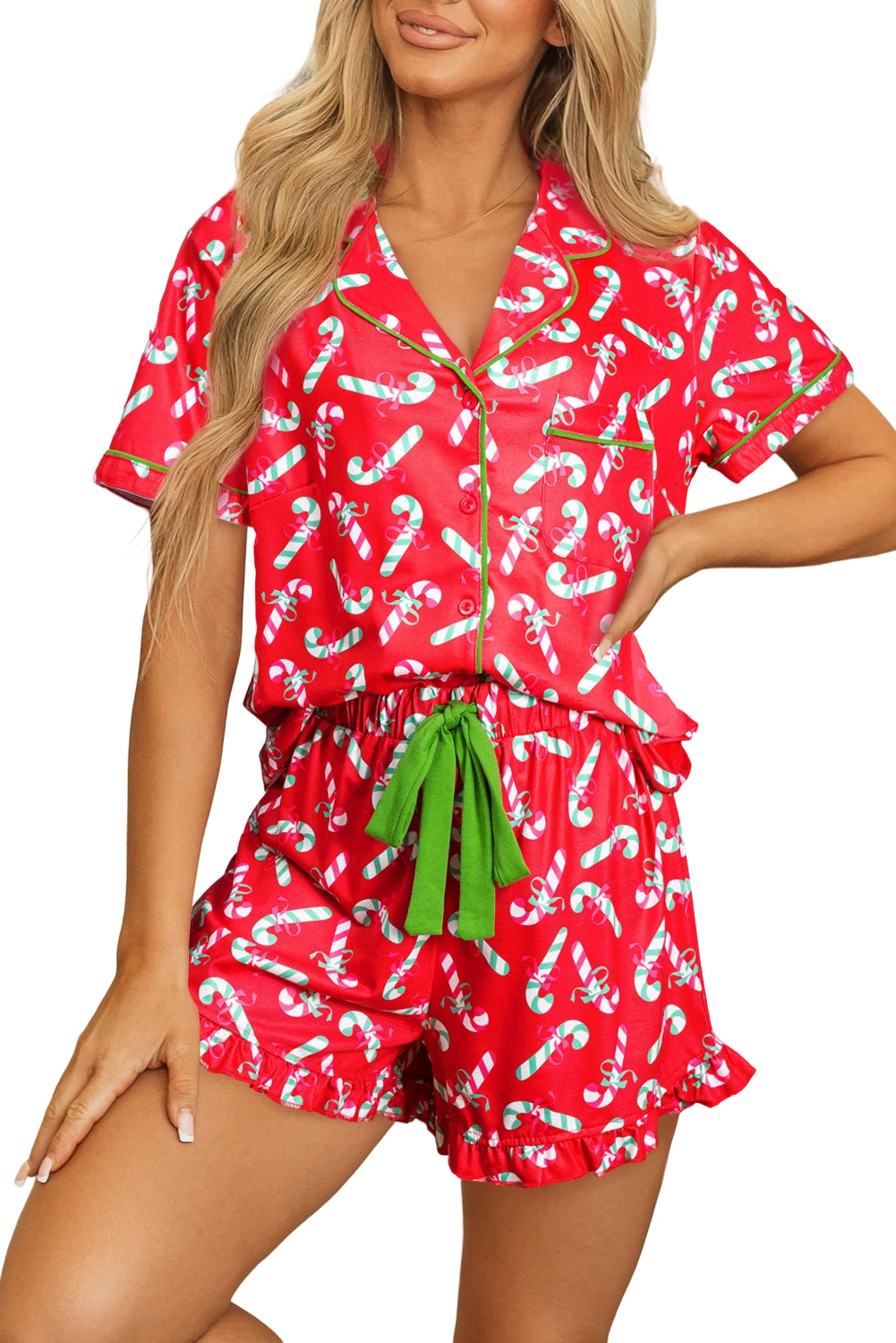 Red Christmas Candy Cane Print Pajama Set-Loungewear Set-[Adult]-[Female]-2022 Online Blue Zone Planet