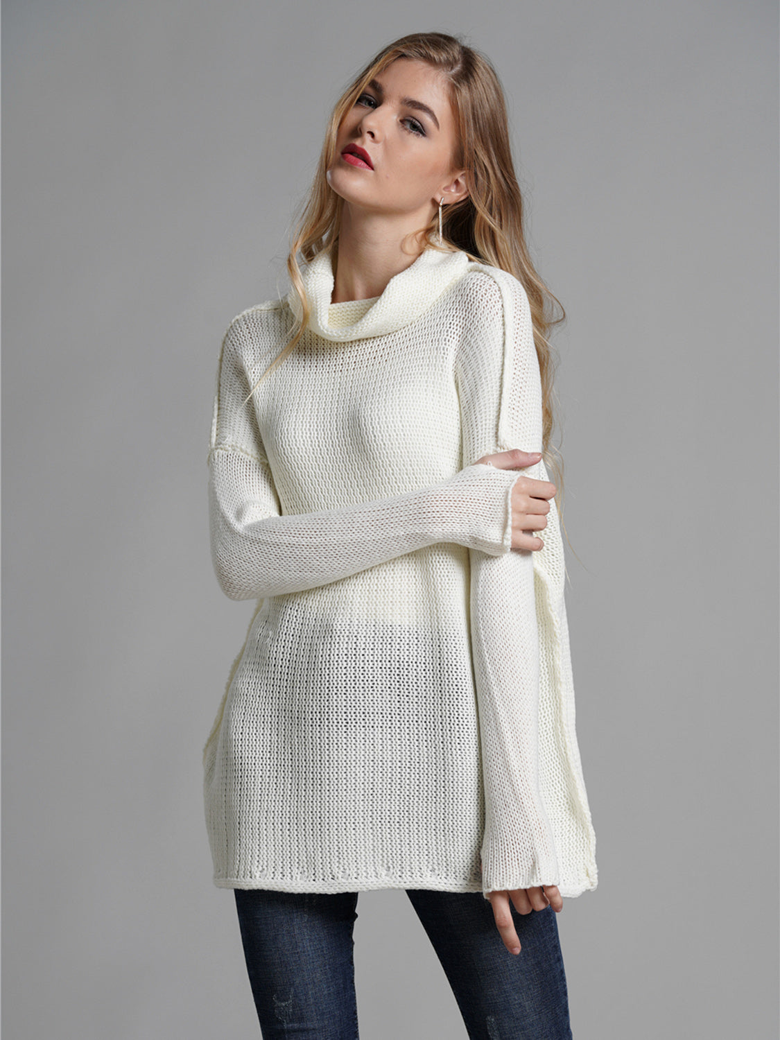 Turtleneck Dropped Shoulder Long Sleeve Sweater-TOPS / DRESSES-[Adult]-[Female]-White-S-2022 Online Blue Zone Planet