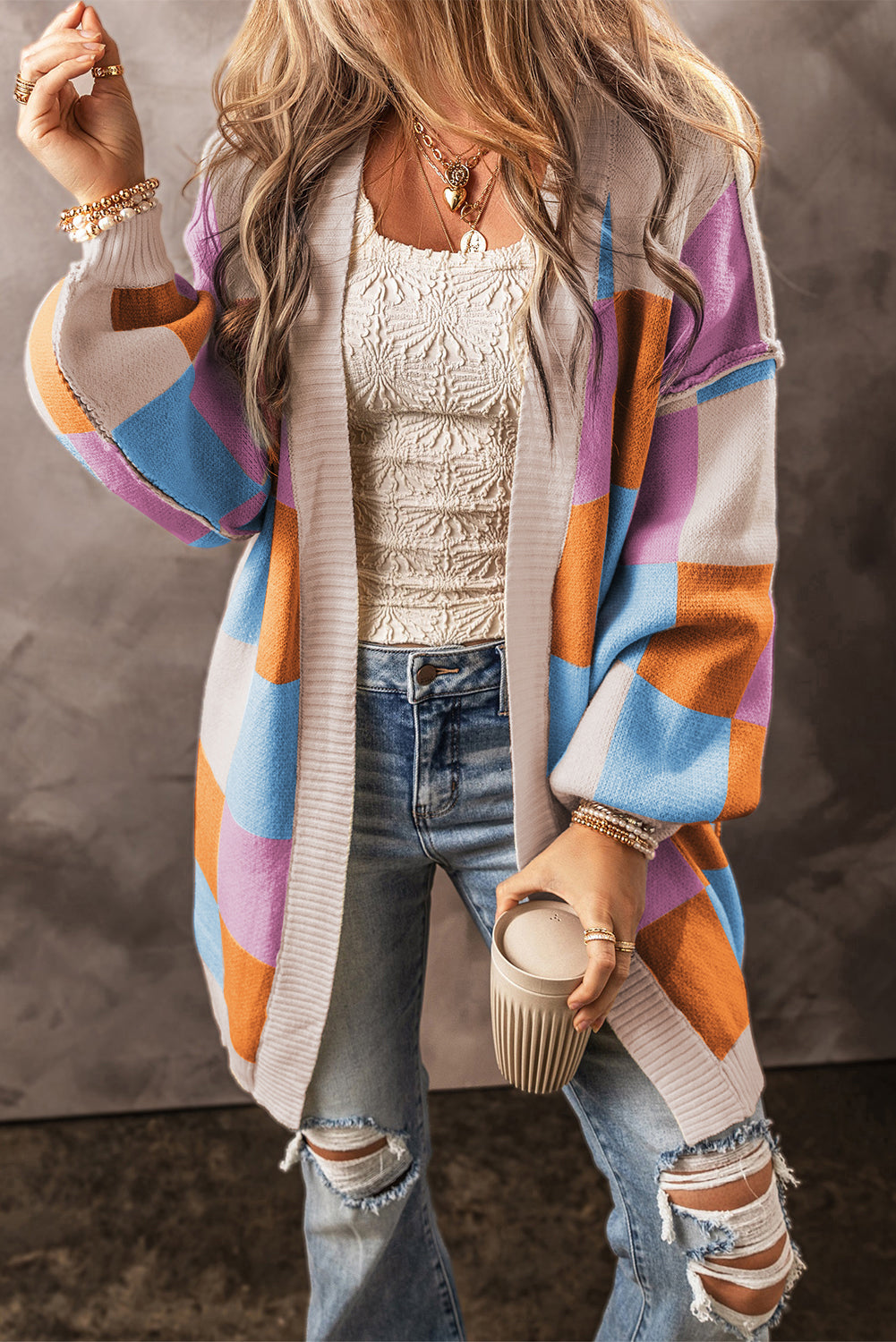 Blue Zone Planet | Orange Checkered Drop Shoulder Exposed Seam Open Front Cardigan-Cardigans-[Adult]-[Female]-2022 Online Blue Zone Planet