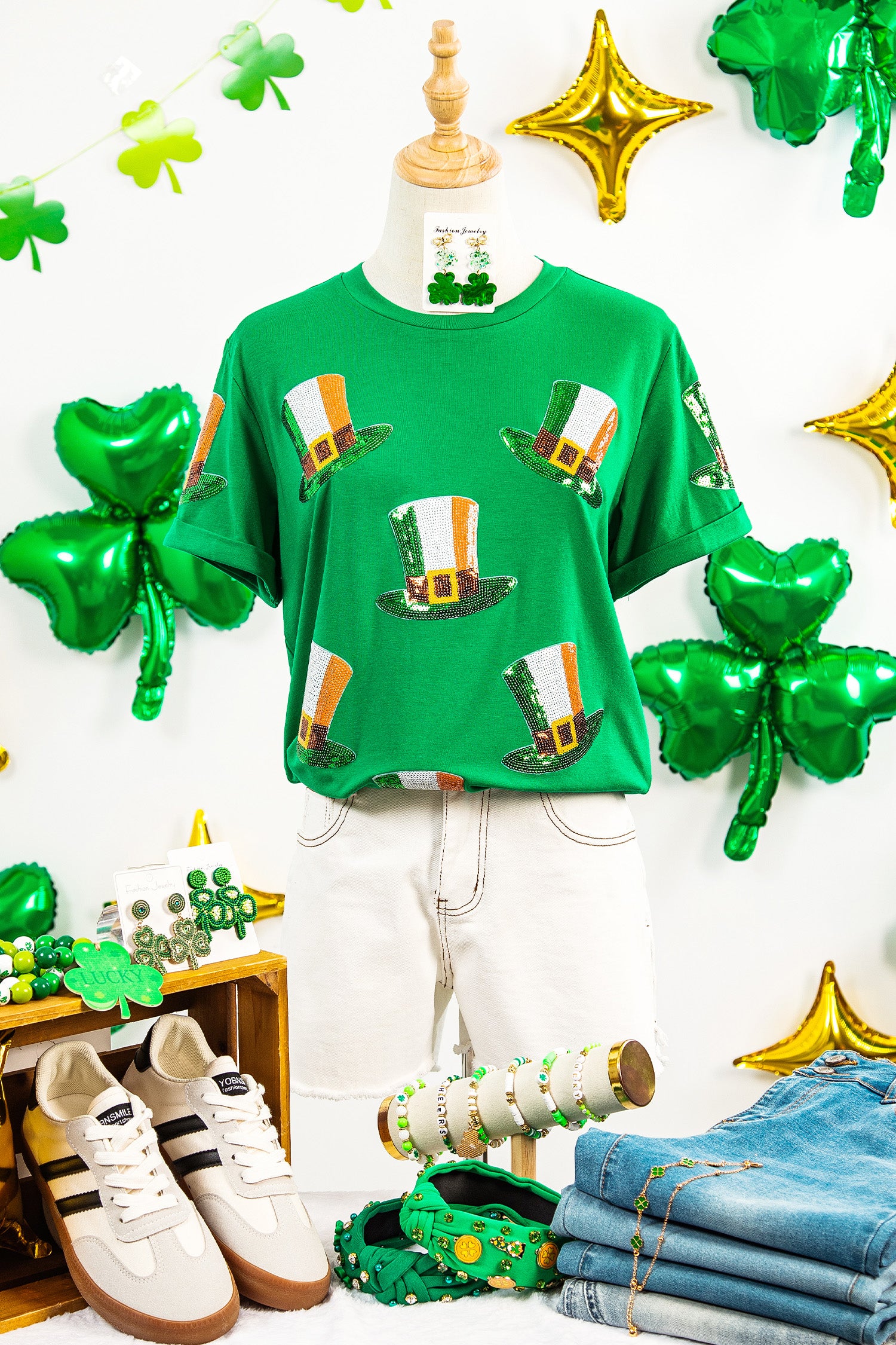 Bright Green Sequin St Patricks Day Hat Relaxed T Shirt-Graphic/Graphic Tees-[Adult]-[Female]-2022 Online Blue Zone Planet