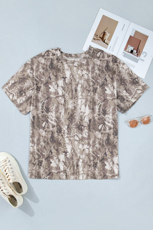 Khaki Plus Size Woodland Camouflage Print T Shirt-Plus Size/Plus Size Tops/Plus Size Tops & Tees-[Adult]-[Female]-2022 Online Blue Zone Planet