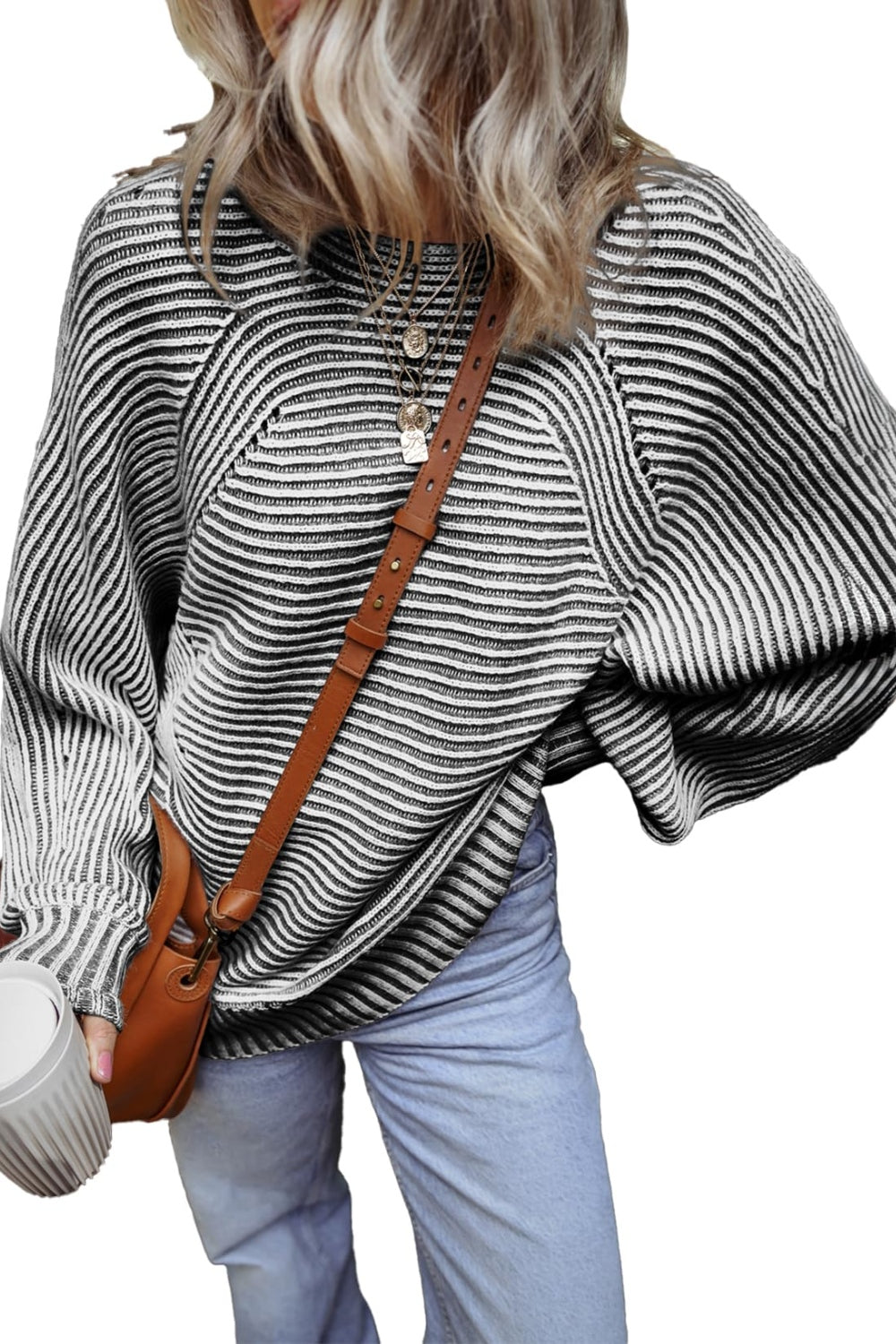 Textured Striped Round Neck Long Sleeve Top-TOPS / DRESSES-[Adult]-[Female]-2022 Online Blue Zone Planet