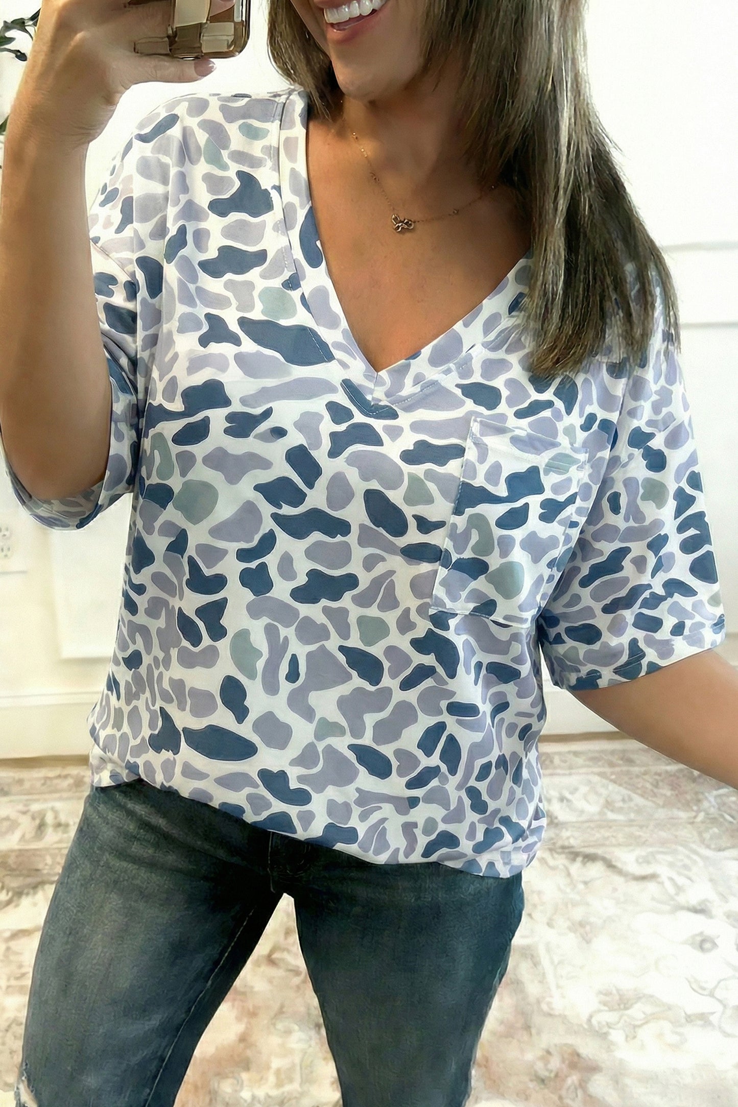 Gray Camouflage Print Single Chest Pocket V Neck Tee-Tops/Tops & Tees-[Adult]-[Female]-Gray-S-2022 Online Blue Zone Planet