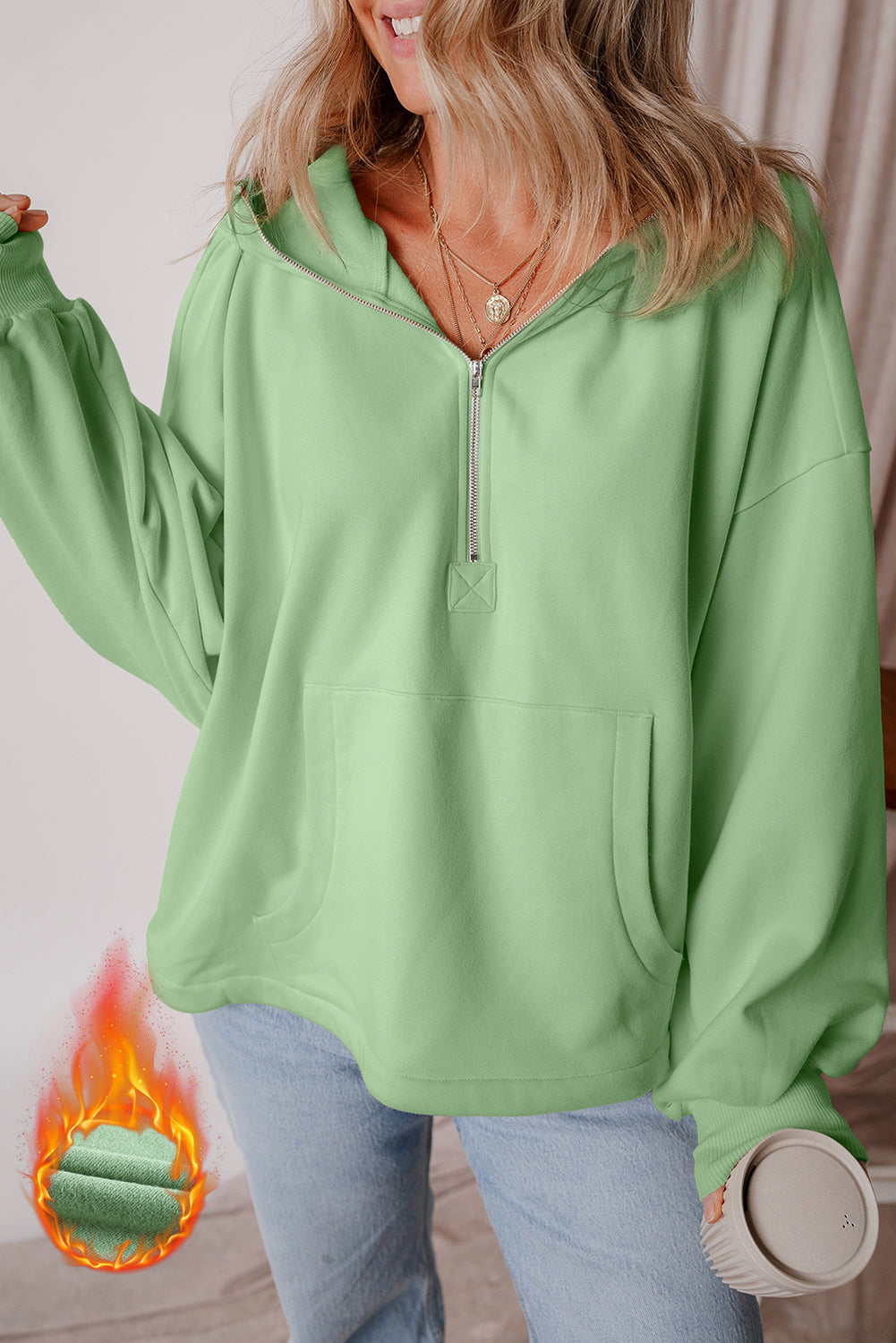 Blue Zone Planet | Valerian Fleece Lined Half Zipper Kangaroo Pockets Loose Hoodie-Tops/Sweatshirts & Hoodies-[Adult]-[Female]-Smoke Green-S-2022 Online Blue Zone Planet