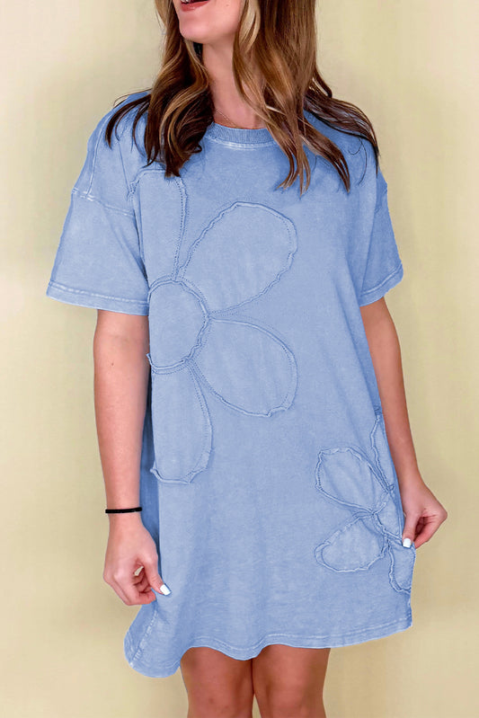 Sky Blue Mineral Wash Flower Patchwork Mini T Shirt Dress-TOPS / DRESSES-[Adult]-[Female]-Sky Blue-S-2022 Online Blue Zone Planet