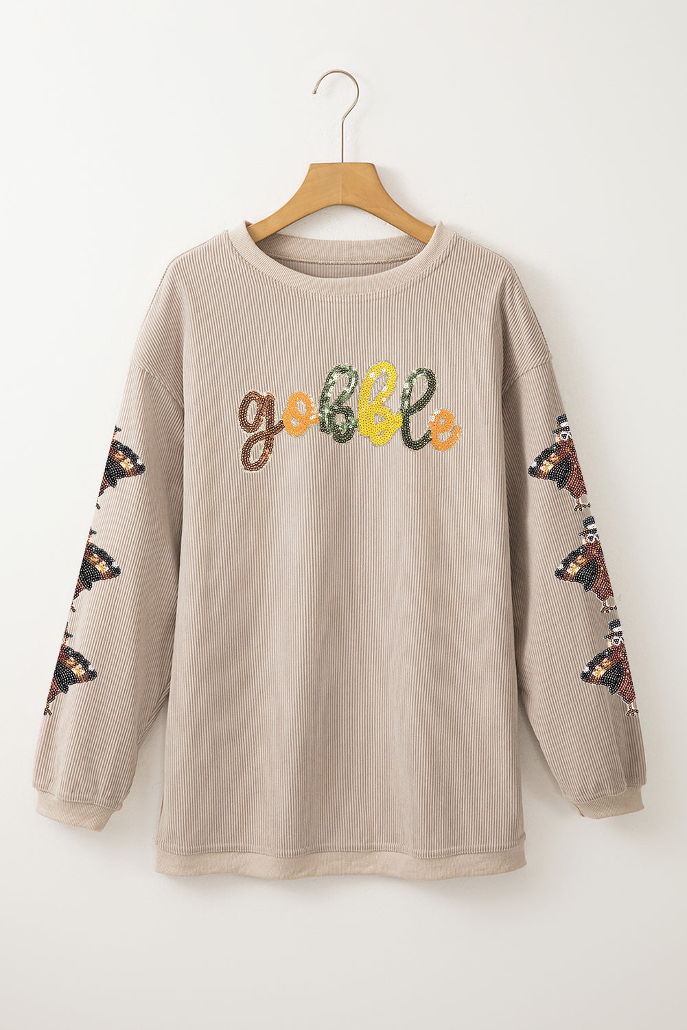 Smoke Gray Corded Ribbed Thanksgiving Turkey Sequin Patched Sleeve gobble Baggy Sweatshirt-Graphic/Graphic Sweatshirts-[Adult]-[Female]-2022 Online Blue Zone Planet