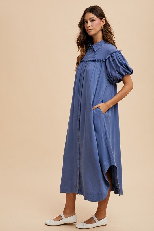 Annie Wear Mineral Washed Button Down Puff Sleeve Shirt Dress-TOPS / DRESSES-[Adult]-[Female]-2022 Online Blue Zone Planet