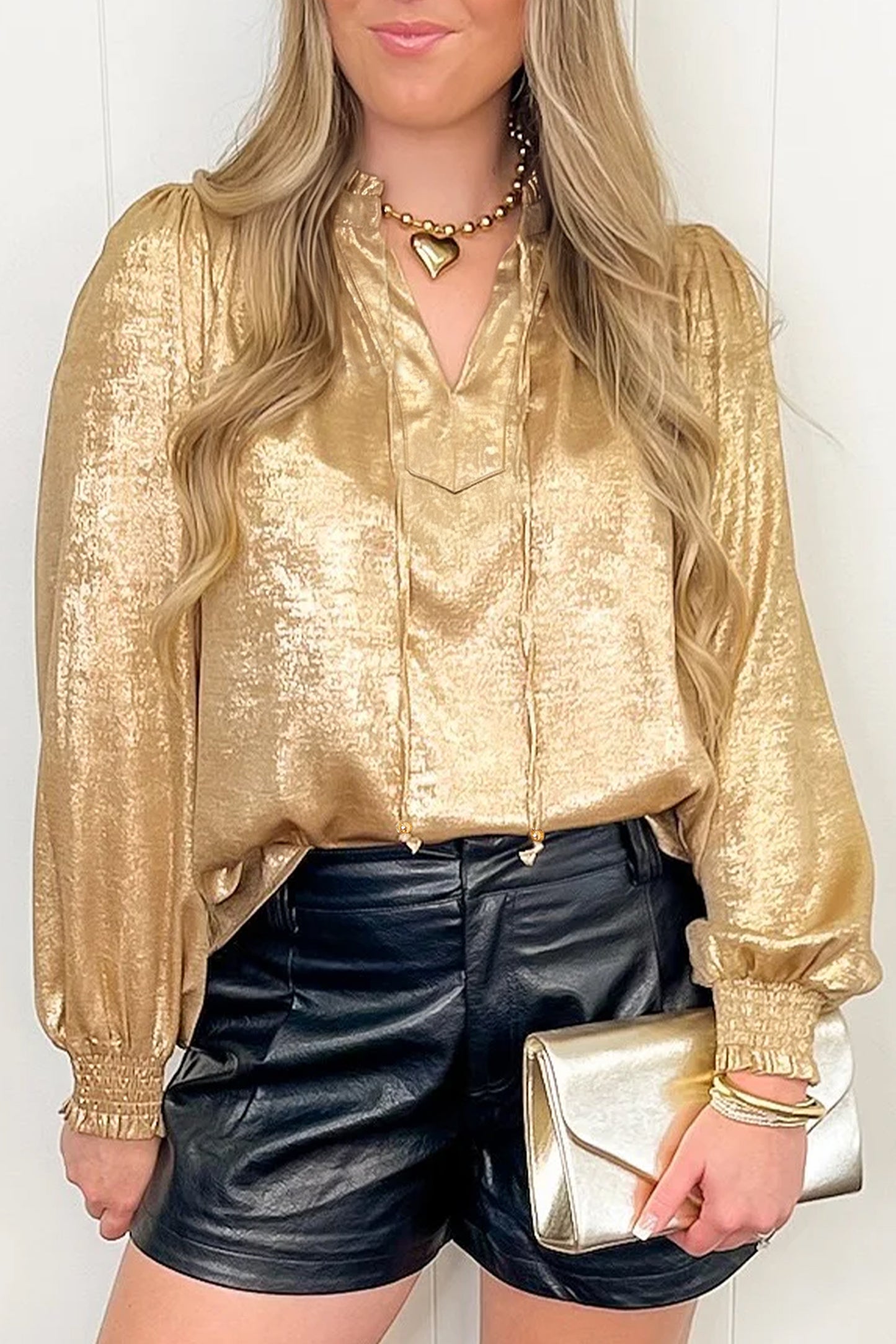 Gold Metallic Sheen V Neck Gathered Cuff Long Sleeve Blouse-Tops/Blouses & Shirts-[Adult]-[Female]-2022 Online Blue Zone Planet