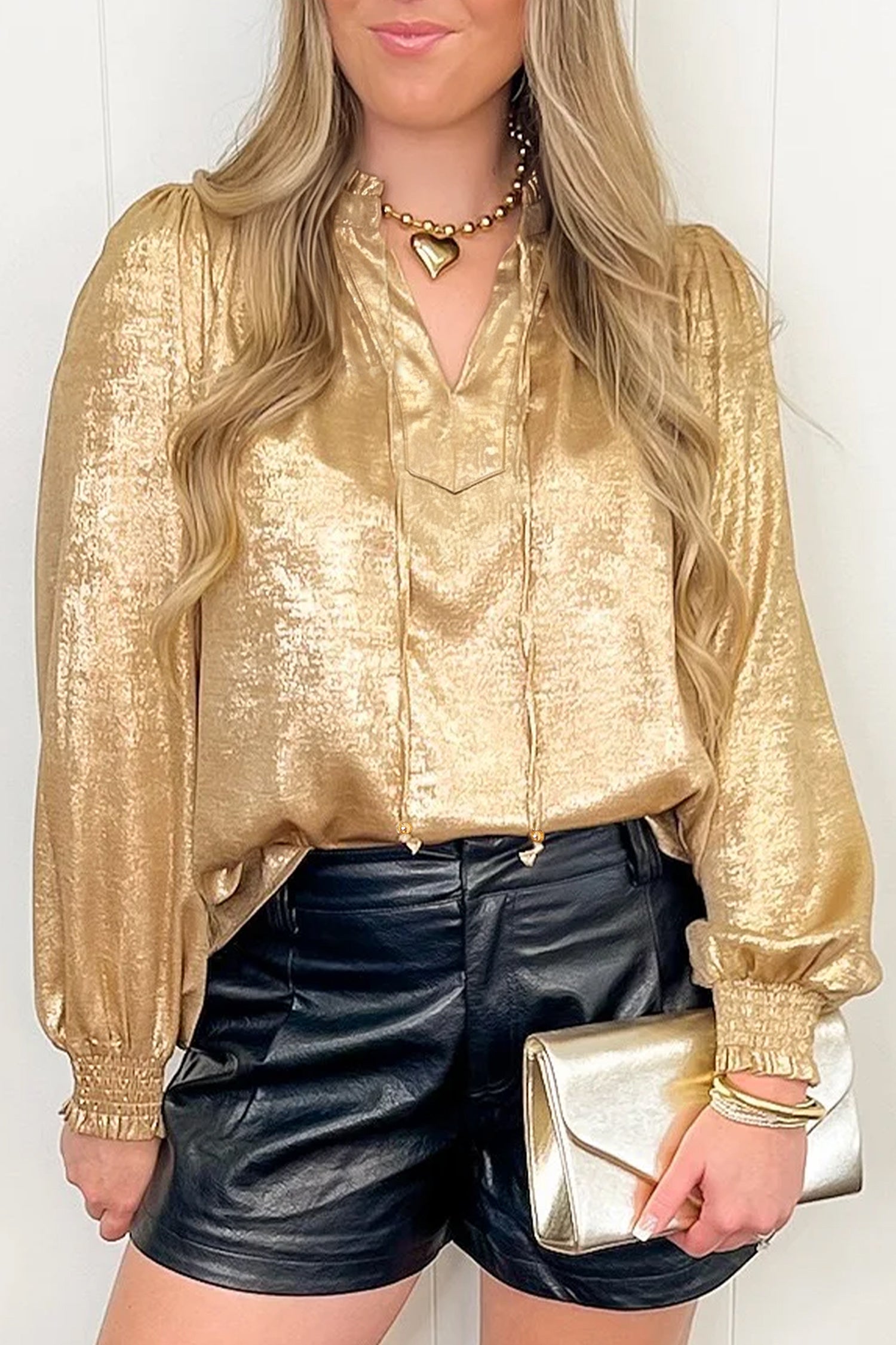 Gold Metallic Sheen V Neck Gathered Cuff Long Sleeve Blouse-Tops/Blouses & Shirts-[Adult]-[Female]-2022 Online Blue Zone Planet