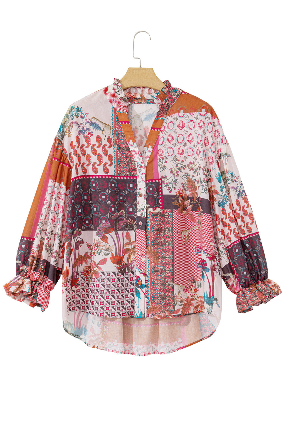 Red Boho Abstract Patchwork Bubble Sleeve Blouse-Blouses-[Adult]-[Female]-2022 Online Blue Zone Planet