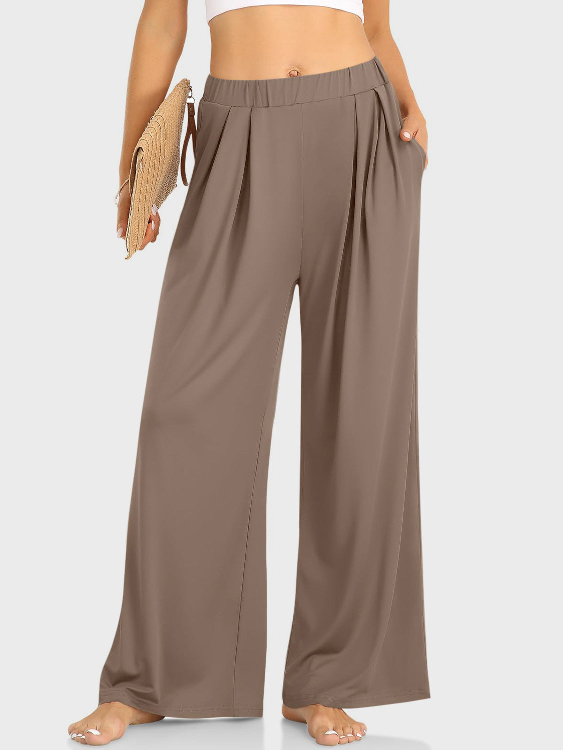 Elastic Waist Wide Leg Pants-BOTTOMS SIZES SMALL MEDIUM LARGE-[Adult]-[Female]-Taupe-XS-2022 Online Blue Zone Planet