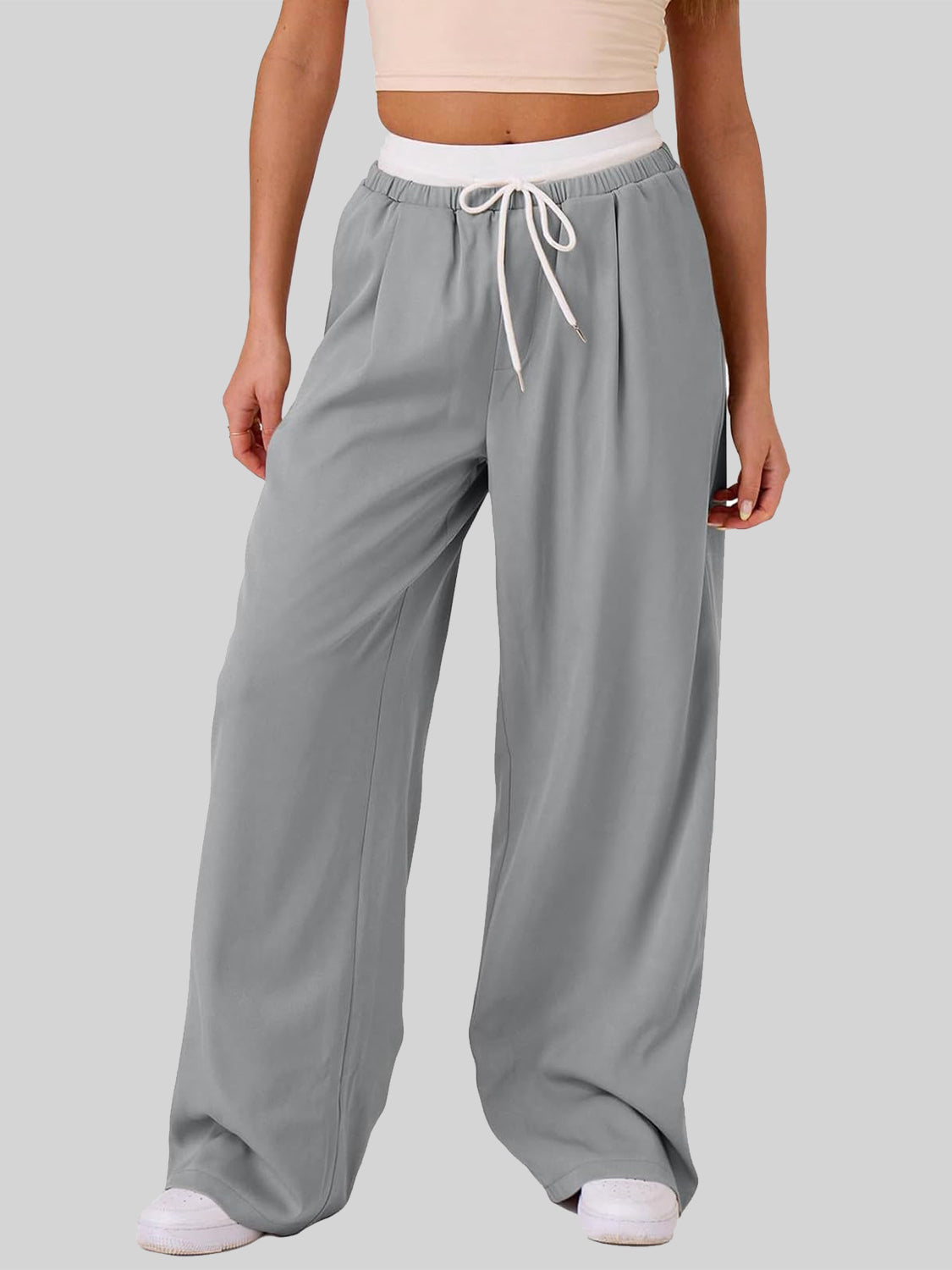 Contrast Waistband Drawstring Wide Leg Pants-BOTTOMS SIZES SMALL MEDIUM LARGE-[Adult]-[Female]-Gray-S-2022 Online Blue Zone Planet