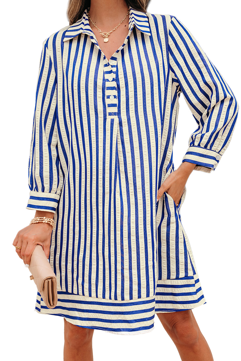 Blue Stripe Collared Half Button Side Pockets Loose Fit Mini Dress-Dresses/Mini Dresses-[Adult]-[Female]-2022 Online Blue Zone Planet