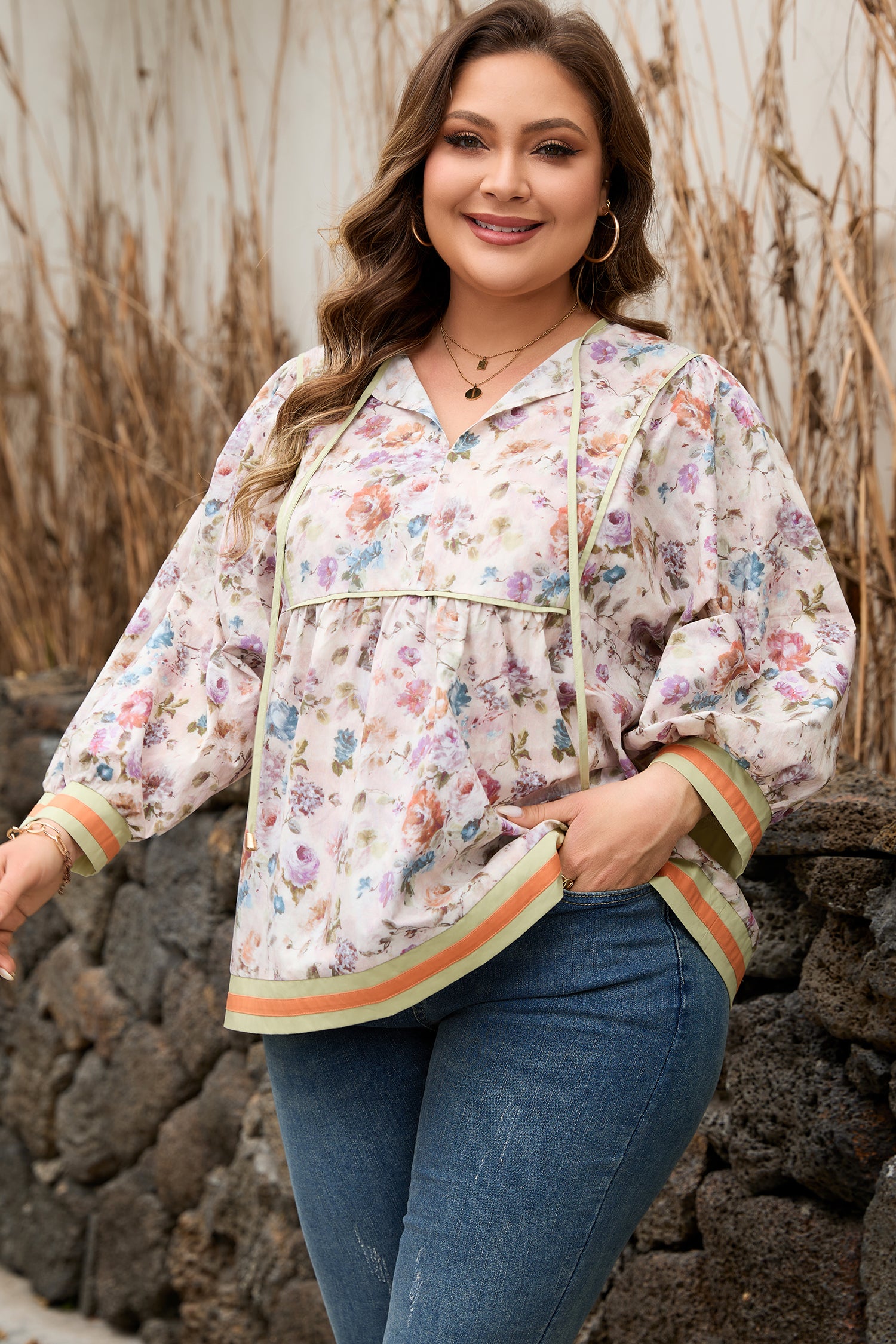 Black Plus Size Floral Print Contrast Trim Striped Detail Babydoll Blouse-Plus Size/Plus Size Tops/Plus Size Blouses & Shirts-[Adult]-[Female]-2022 Online Blue Zone Planet