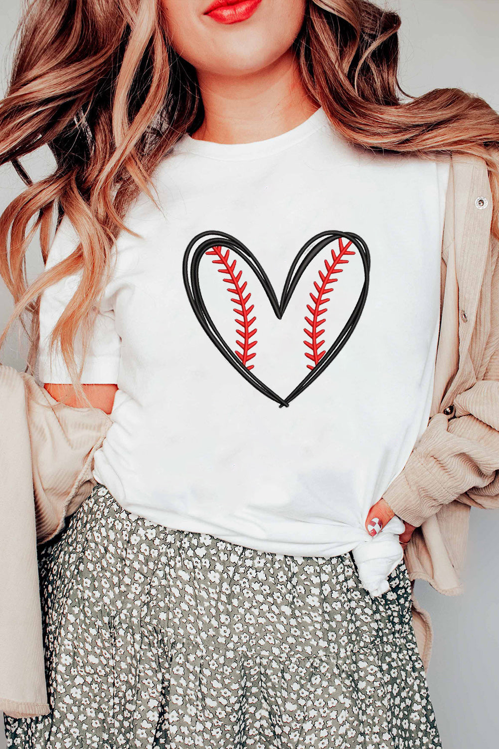 White Baseball Heart Shape Embroidery Graphic Tee-Graphic/Graphic Tees-[Adult]-[Female]-2022 Online Blue Zone Planet